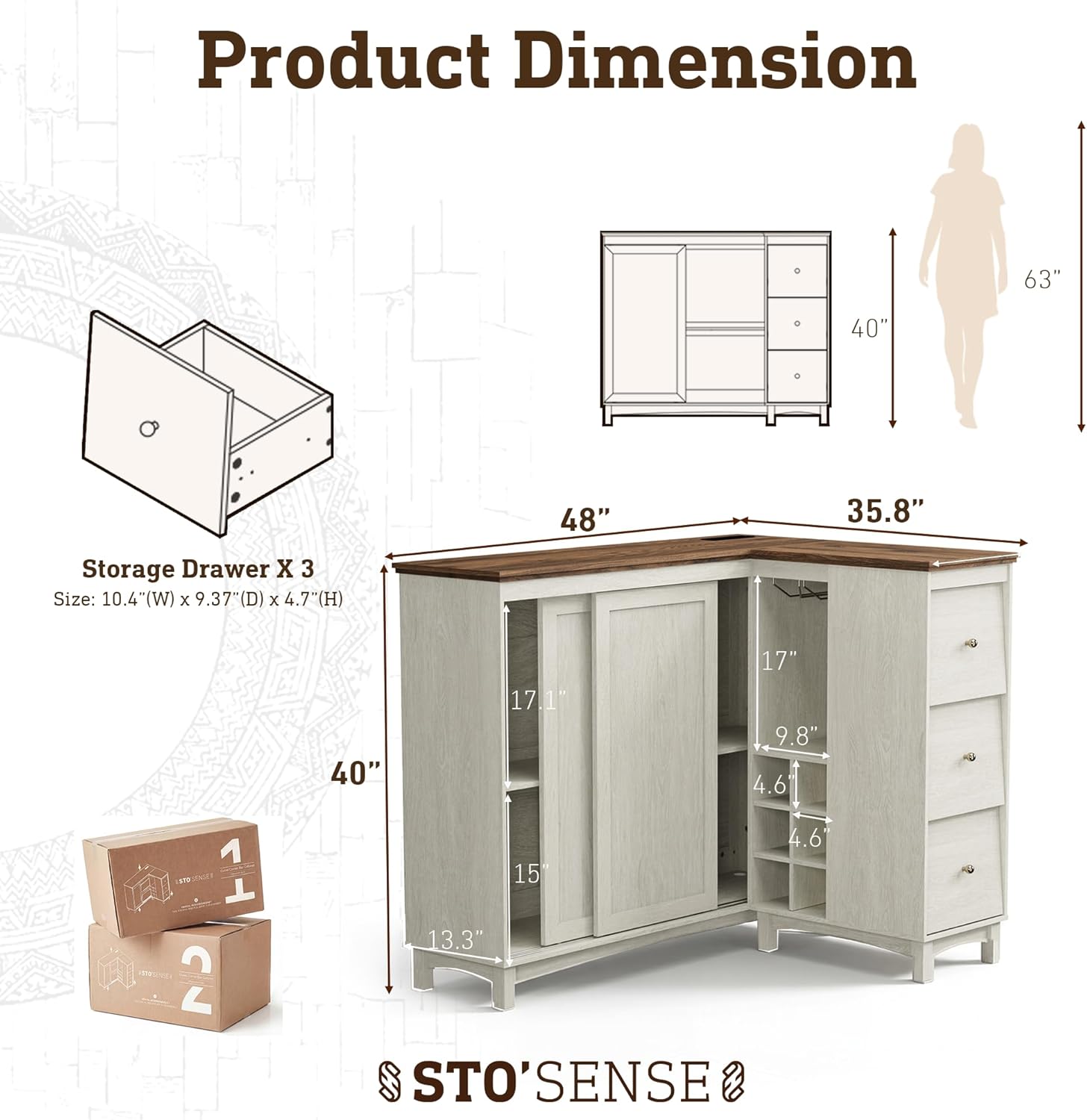 STO'SENSE L-Shaped Bar Cabinet with Charging Station,Corner Home Bar Unit with Storage Cabinet and 3 Drawers,Large Bar Table with Wine Rack,Glass Rack,Sliding Door for Living Room,Dining Room (White)