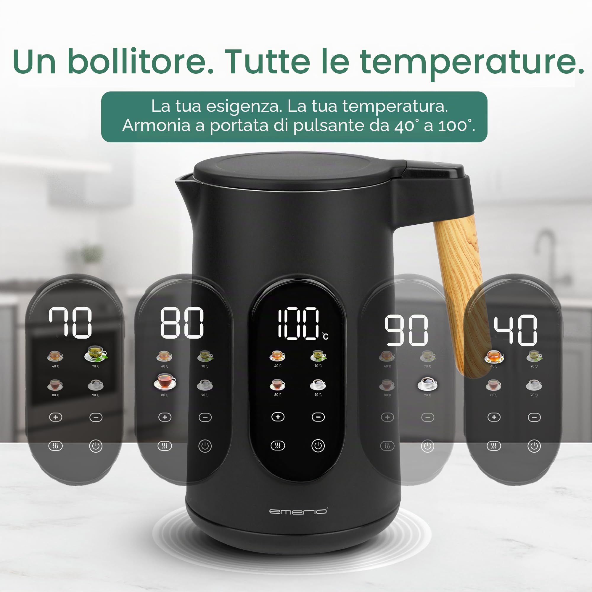 EMERIO Bollitore in acciaio inox, 1,7 l, doppia parete isolata, scelta della temperatura 40 – 100 °C in incrementi di 5 °C, display con varietà di tè preprogrammate, senza BPA, 2200 W, spegnimento