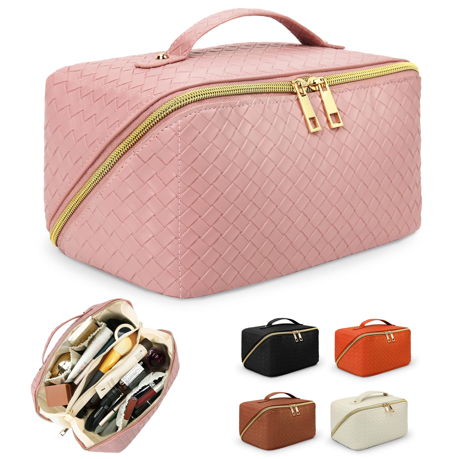 AURUZALarge Capacity Makeup Bag, Travel Cosmetic Bag With Handle and Divider Flat Lay Makeup Organizer Bag, Portable Toiletry Bag,Makeup Storage Bag,Makeup Brush Bag for Women (Pink)