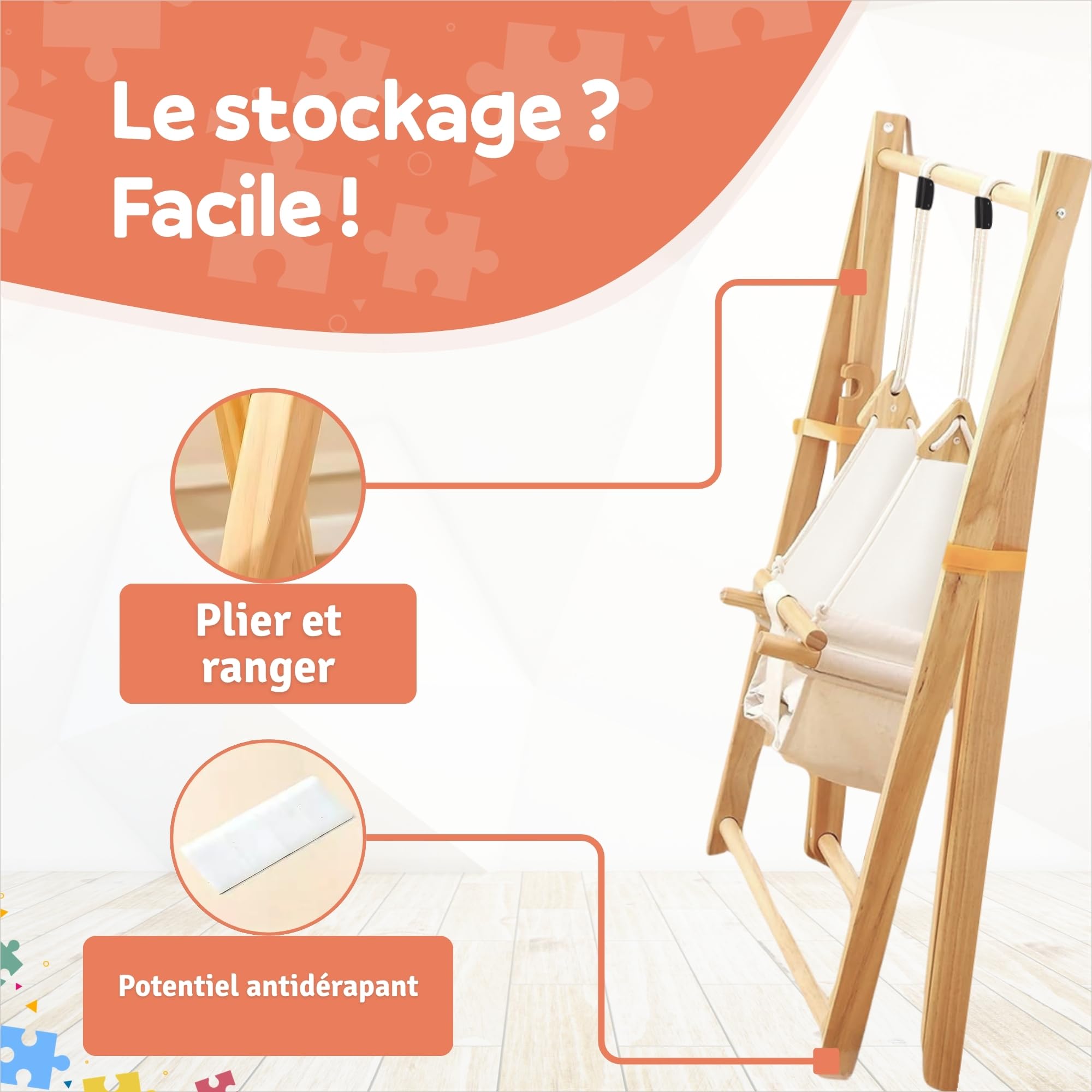 Balançoire en Bois pour bébé avec siège à Bascule Pliable, balancelle évolutive et Chaise à Bascule Enfant, Baby Swing en Bois Naturel Stable et sûr, Jouet bébé pour intérieur et extérieur sécurisé
