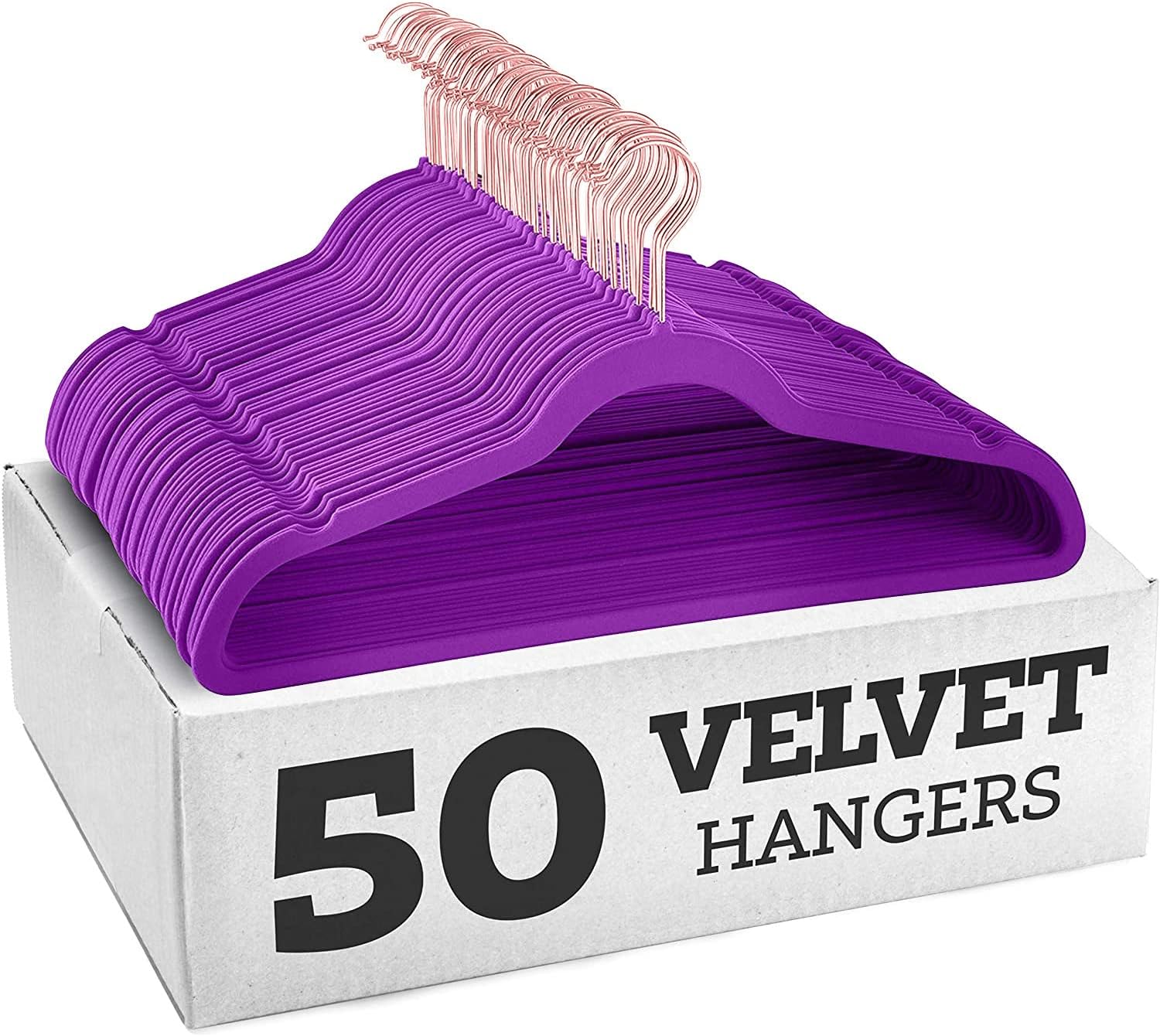 BePrincess50 Pack Premium Quality Space Saving Velvet Hangers Strong and Durable Hold Up to 10 Lbs - 360 Degree Chrome Swivel Hook - Ultra Thin Non Slip Suit Hangers (Purple, Rose Glod Hook)