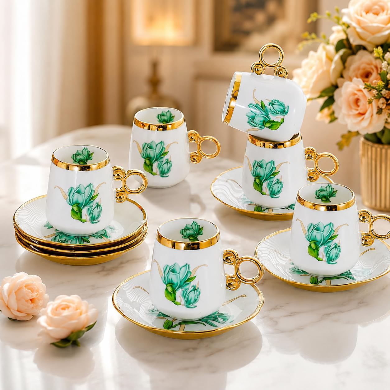 Porcelain Tea Cups and Saucers Set with Gold Trim - Elegant Green Floral Coffee Cups, Luxury Tea Party Set, Wedding Gift (Green 100ml 6 cups 6 plates)