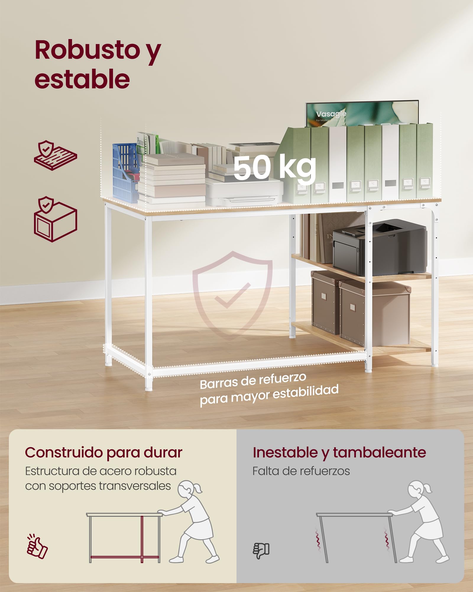 VASAGLE Escritorio en Forma de L, con Estantes Ajustables, 120 x 80 x 76 cm
