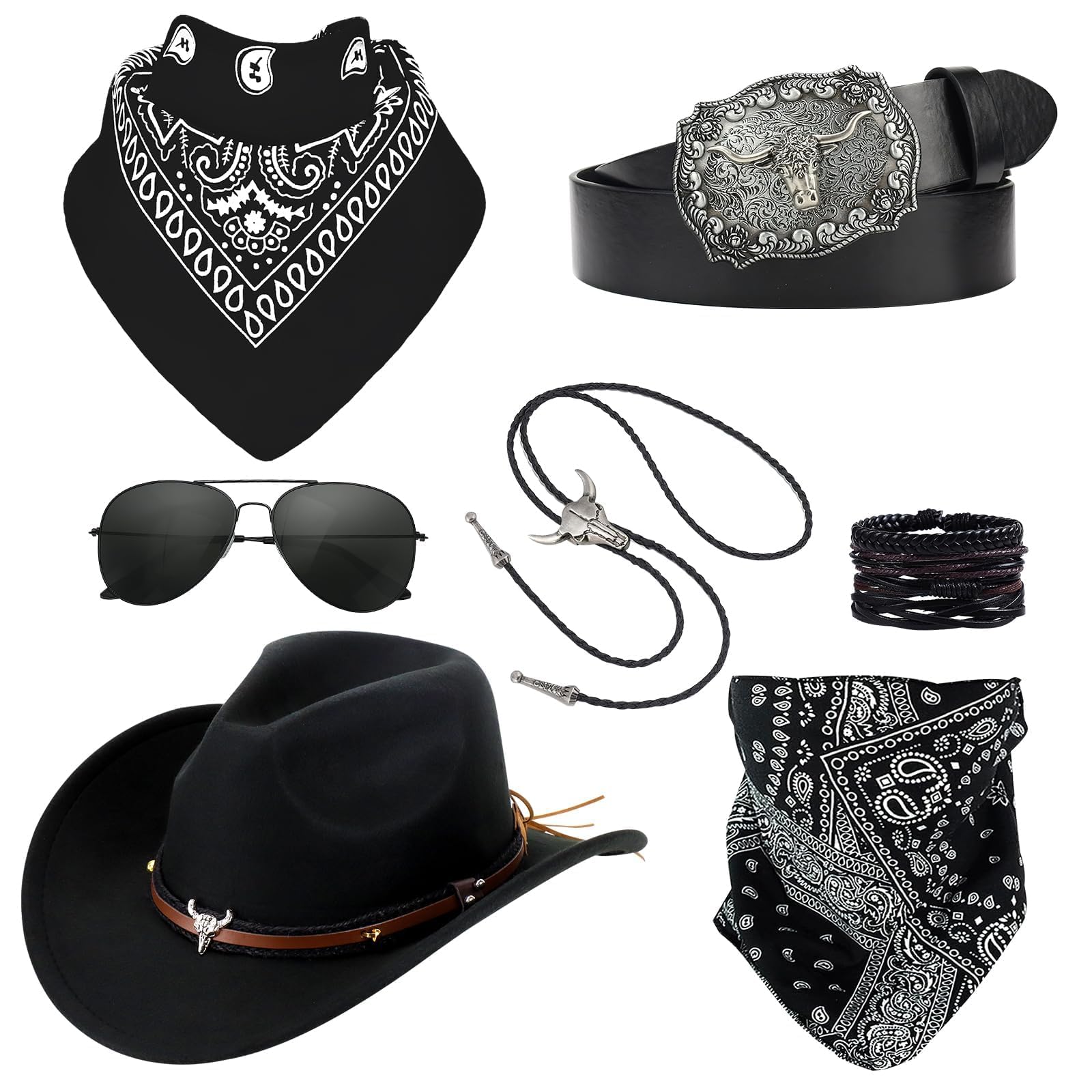 7 Piece Western Cowboy Fancy Dress Accessories Set for Men and Women Black