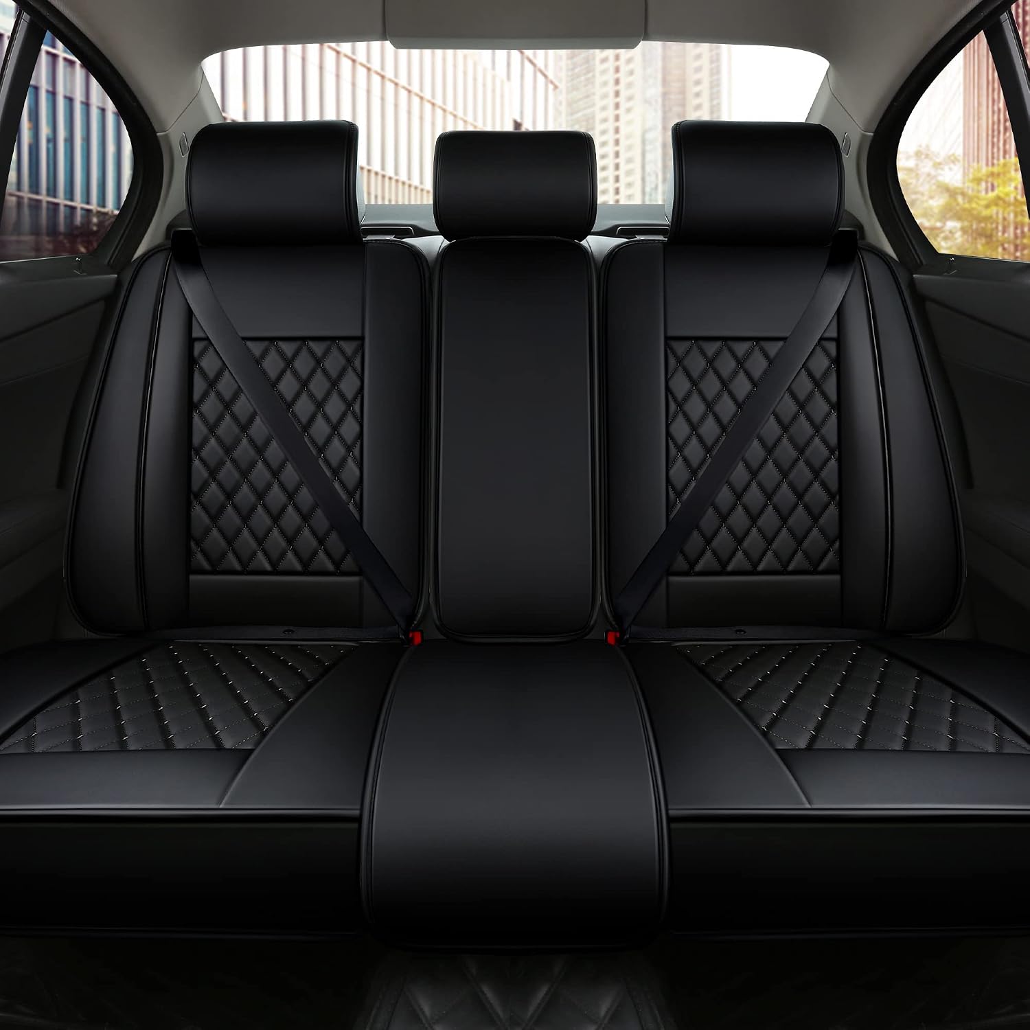 Easy to Clean Car Seat Cover Synthetic Leather Car Seat Cushion - Adjustable Back Universal Fit for Chevrolet Jeep Honda Hyundai Kia Toyota Sedan Hatchback SUV Pickup (Black Grid Full Set)