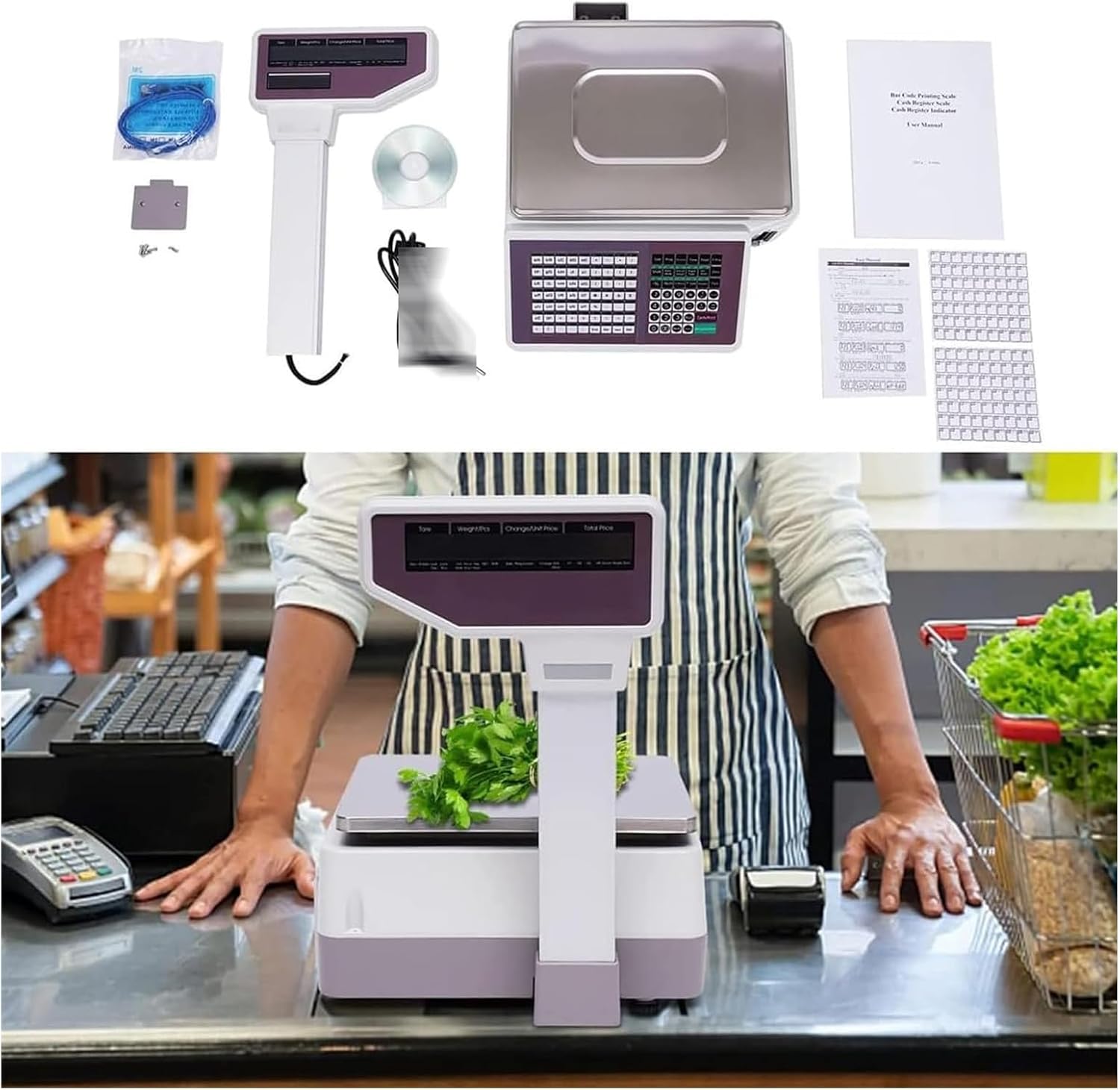 Label Printing Scale, Digital Barcode Weighing Front and Back Dual Display, 63 Shortcut Keys Commercial Cash Register, Suitable for Supermarket/Retail Store/W