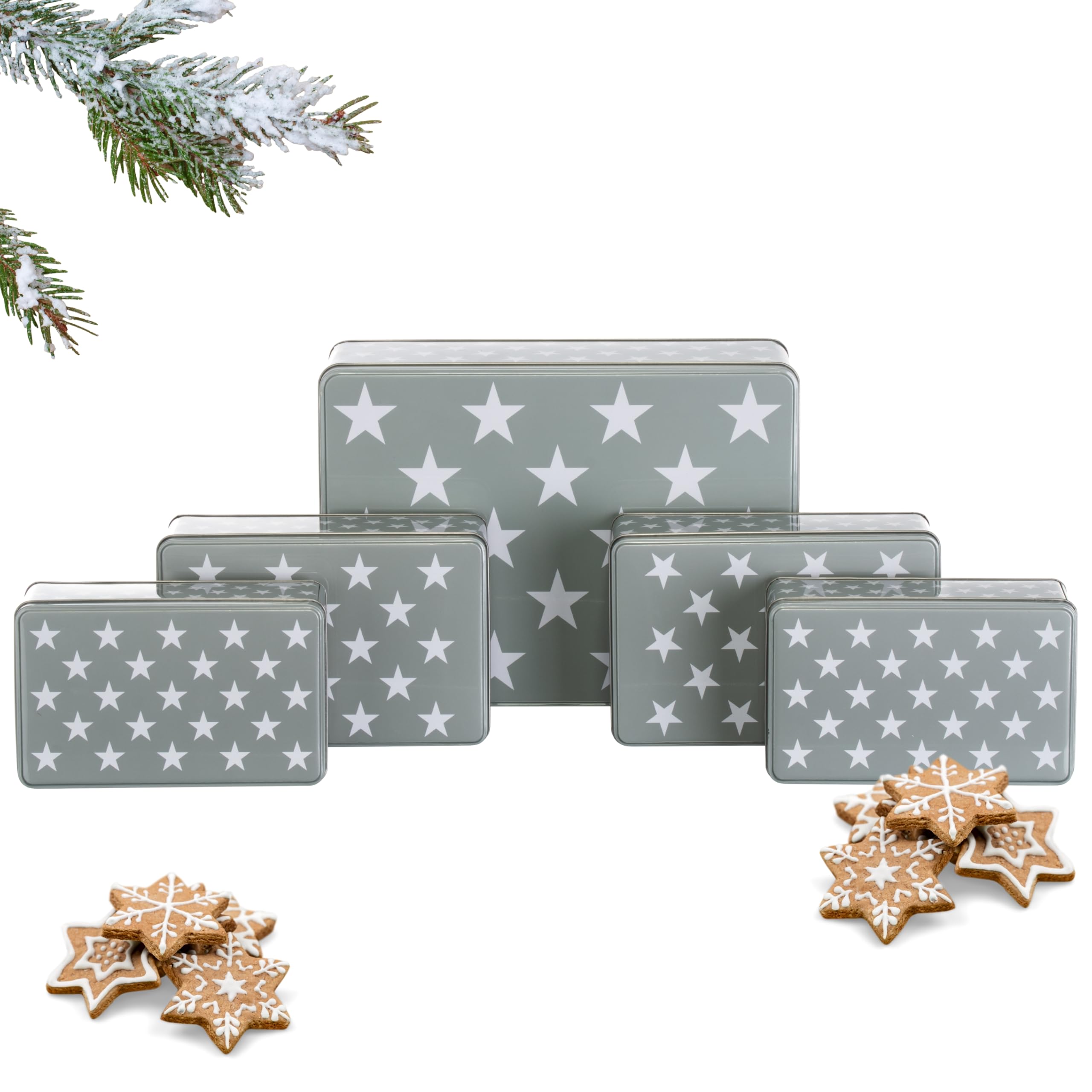 Brandsseller Set di 5 barattoli per biscotti in metallo – Barattoli natalizi con coperchio, contenitori alimentari per biscotti, dolci e pasticcini – Design grigio con stelle