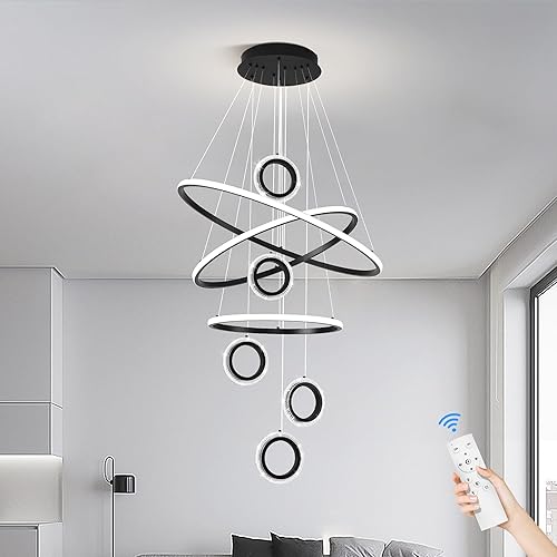Modern LED Chandelier Modern Chandelier Fixtures Adjustable Hanging Remote Dimmable 8 Rings Chandelier Ceiling Light Fixtures for Living Room Foyer Staircase Entrance