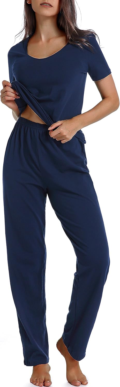 Cotton Pajamas for Women Two Piece Pajama Set Short Sleeve V-neck Tops with Long Pants