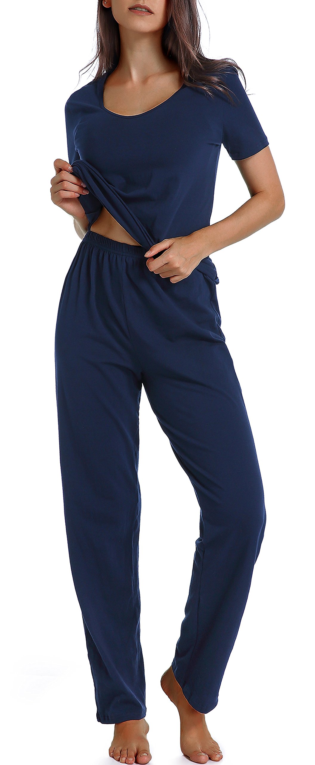 Pijama de algodón para mujer, conjunto de pijama de dos piezas de manga corta con cuello en V y pantalones largos