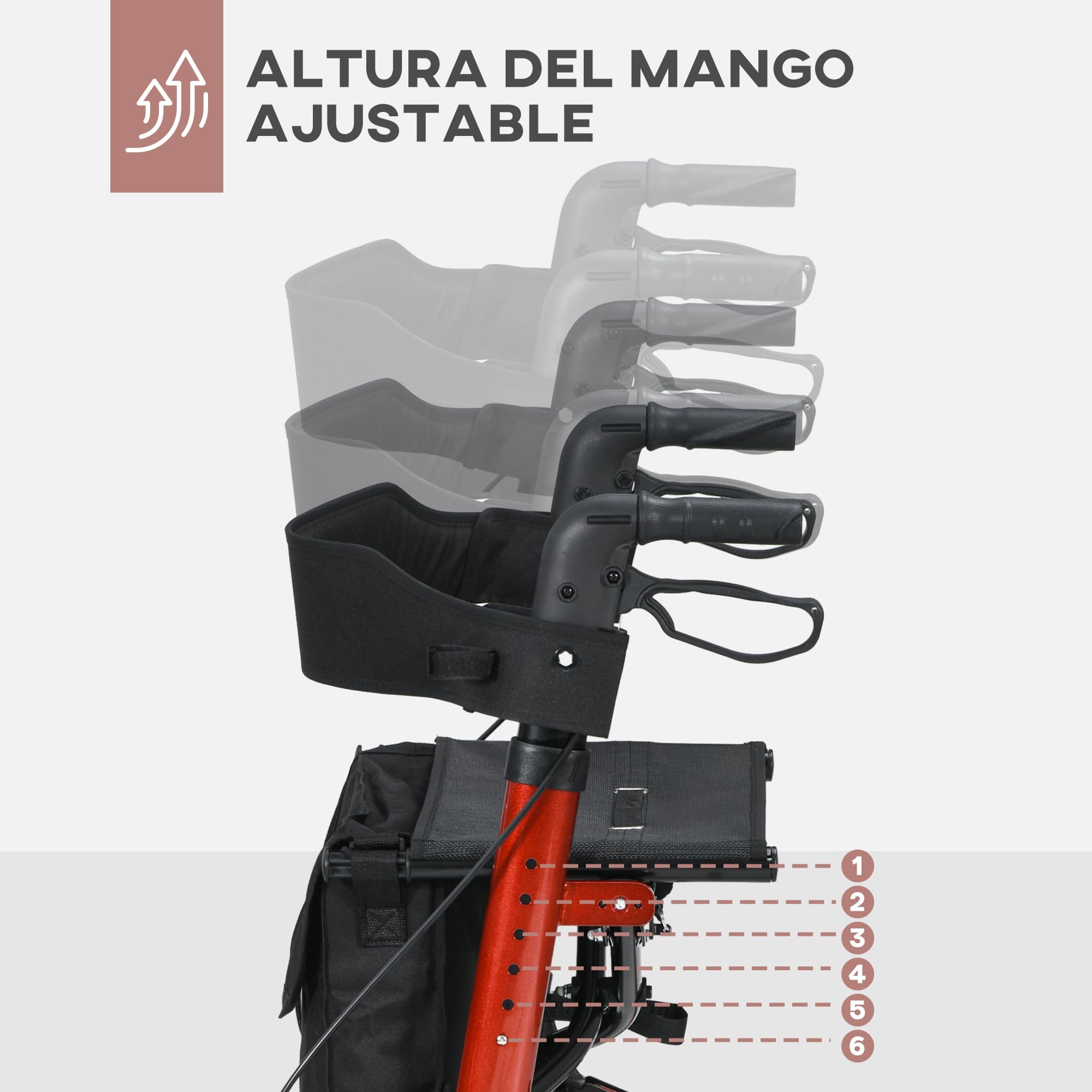 HOMCOM Andador para Ancianos Plegable de Aluminio con Asiento Rojo y Negro | Andador para Personas Mayores, 4 Ruedas, Altura Ajustable, Frenos de Maneta, Bolsa de Transporte