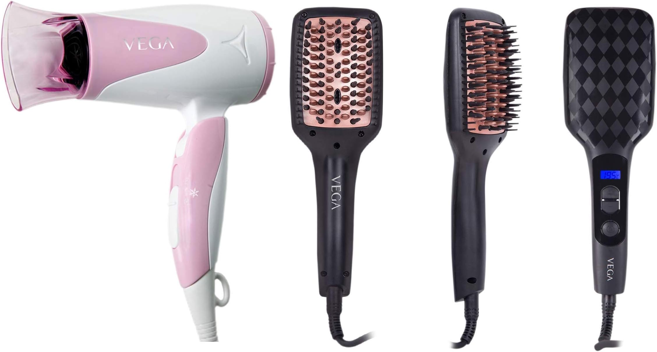 VEGA Vhdh-05 Blooming Air Hair Dryer (Colour May Vary)&Vega Vhsb-02 X-Look-Simply Brush-Paddle Straightening Brush With Ionic Technology&Temperature Control&Lcd Display (Black),1000 Watts