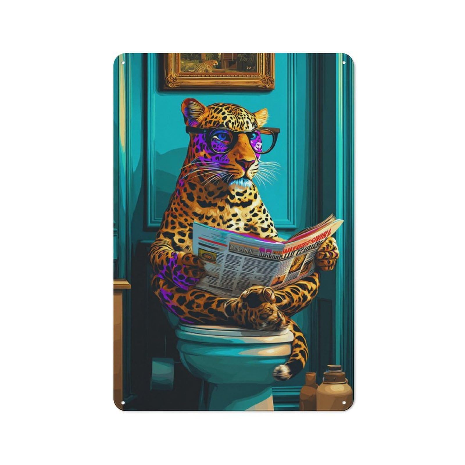 Junmoney Leopard Relaxing With Newspaper Industrial Decorative Metal Plaque 30X20cm Featuring Urban Room Decor For Flat, Bar, Studio Or Gallery Wall