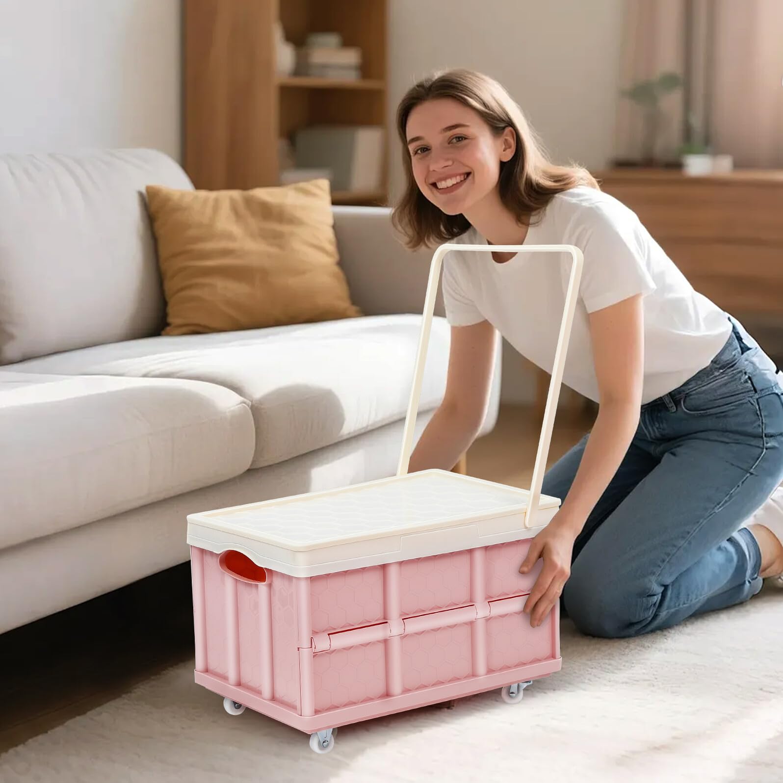 Faltbare Aufbewahrungsbox mit Deckel und Rollen, Groß, Rosa, Kunststoff