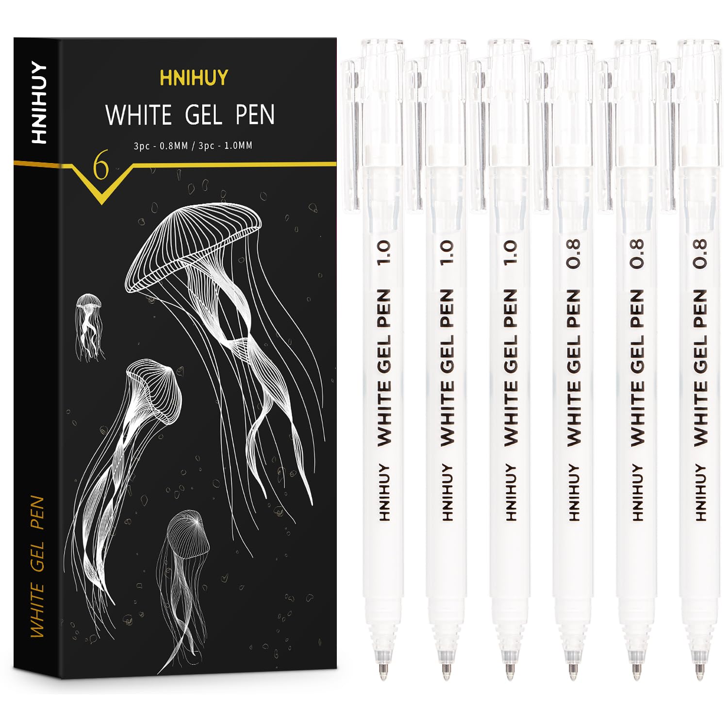 HNIHUY White Gel Pens,1mm, 0.8mm Fine Point Opaque White Archival Ink Pen for Black Paper Drawing, Sketching, Illustration, Bullet Journaling, Pack of 6