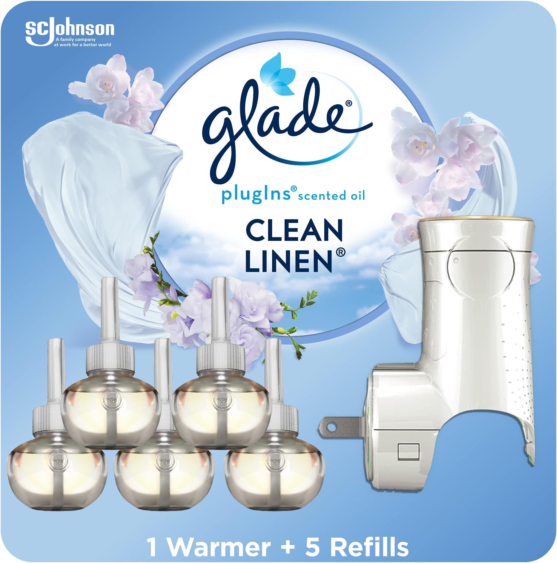 Glade Plugins Scented Oil Starter Kit, Plug in Air Freshener & Refills, Clean Linen, 1 Warmer + 5 Refills, 3.35 Fl Oz, Pack of 5