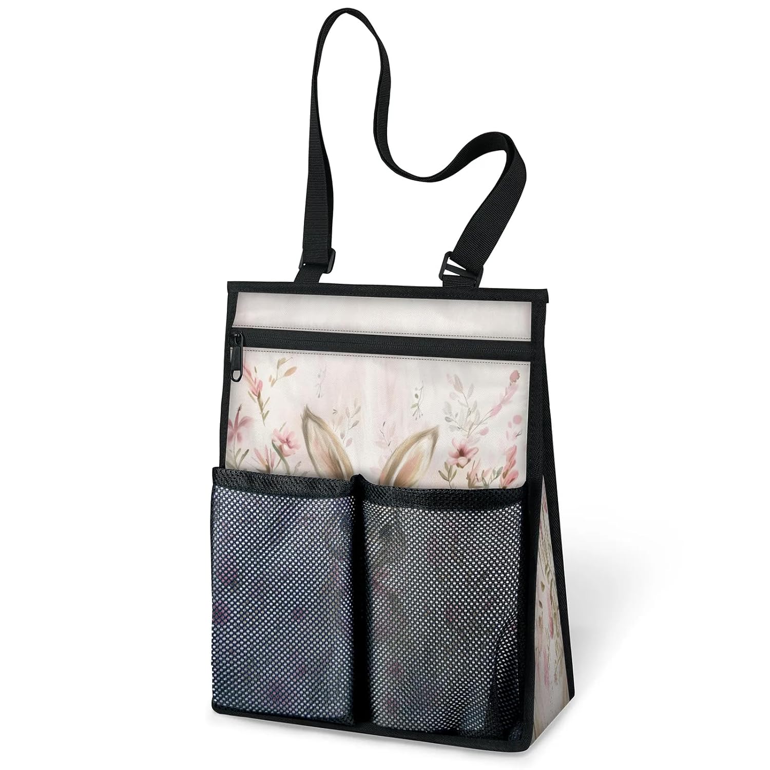 Ourtheme Cartoon Bunny Flowers Portable Shower Bag for Travel Gym Camp Beach Tote Shower Caddy Bags Hanging Toiletry