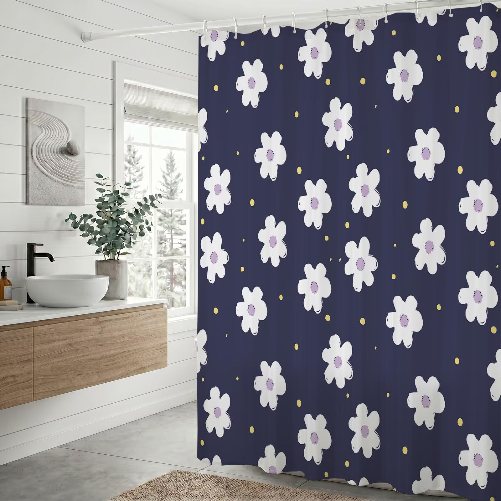 Semplice Simple Margarita Cortina de Ducha 300 x 200 cm Impermeable Repelente al Agua para Bañera y Baño, Cortina de Tela Poliéster Gruesa con Bajo Lastrado, Lavable a Máquina, con Anillas, Q-o497