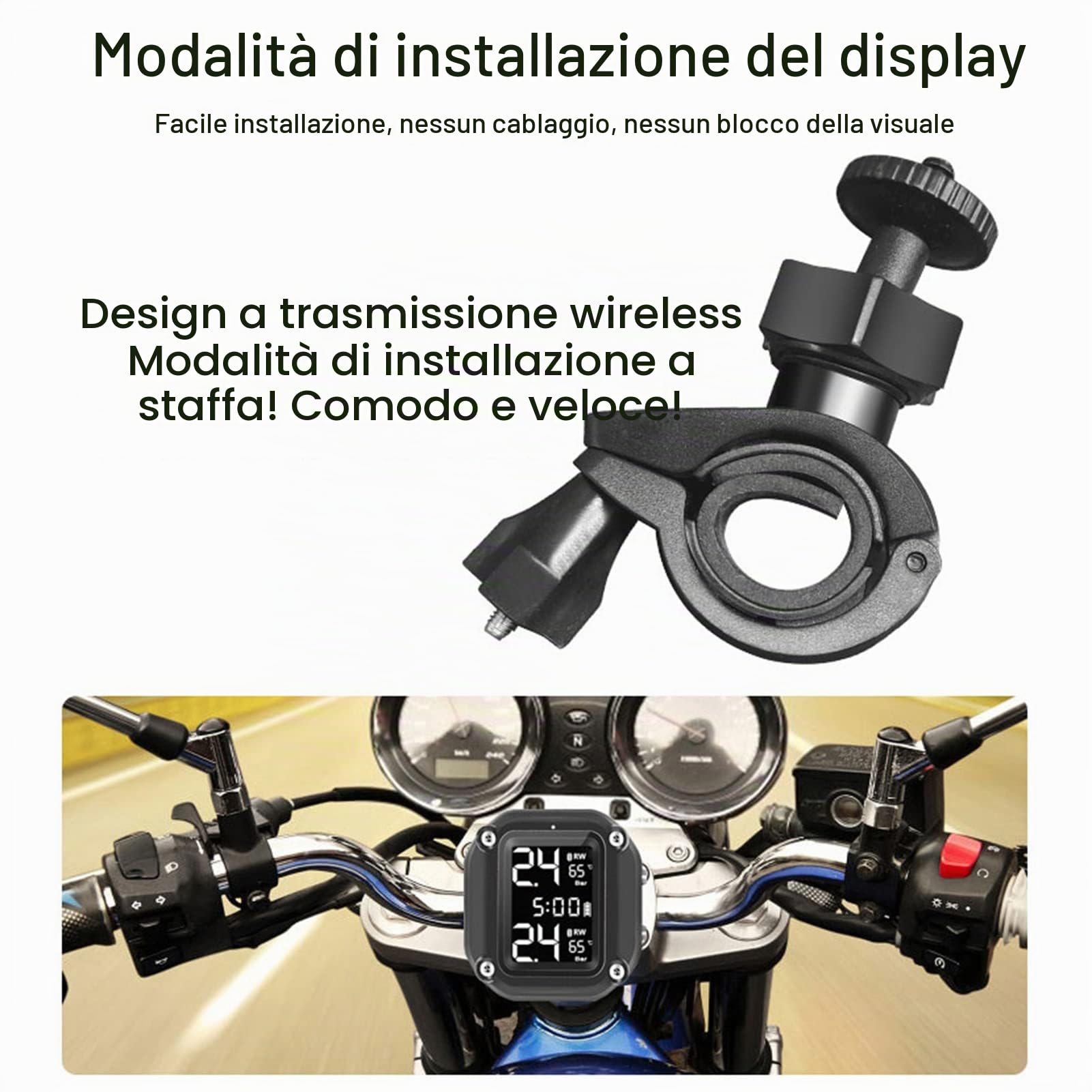 Sensori Pressione Pneumatici, TPMS Sistema di Monitoraggio Della Pressione dei Pneumatici per Moto TPMS di Ricarica USB Moto con 2 sensori Esterni Display LCD Digitale TPMS per Moto a Due Ruote