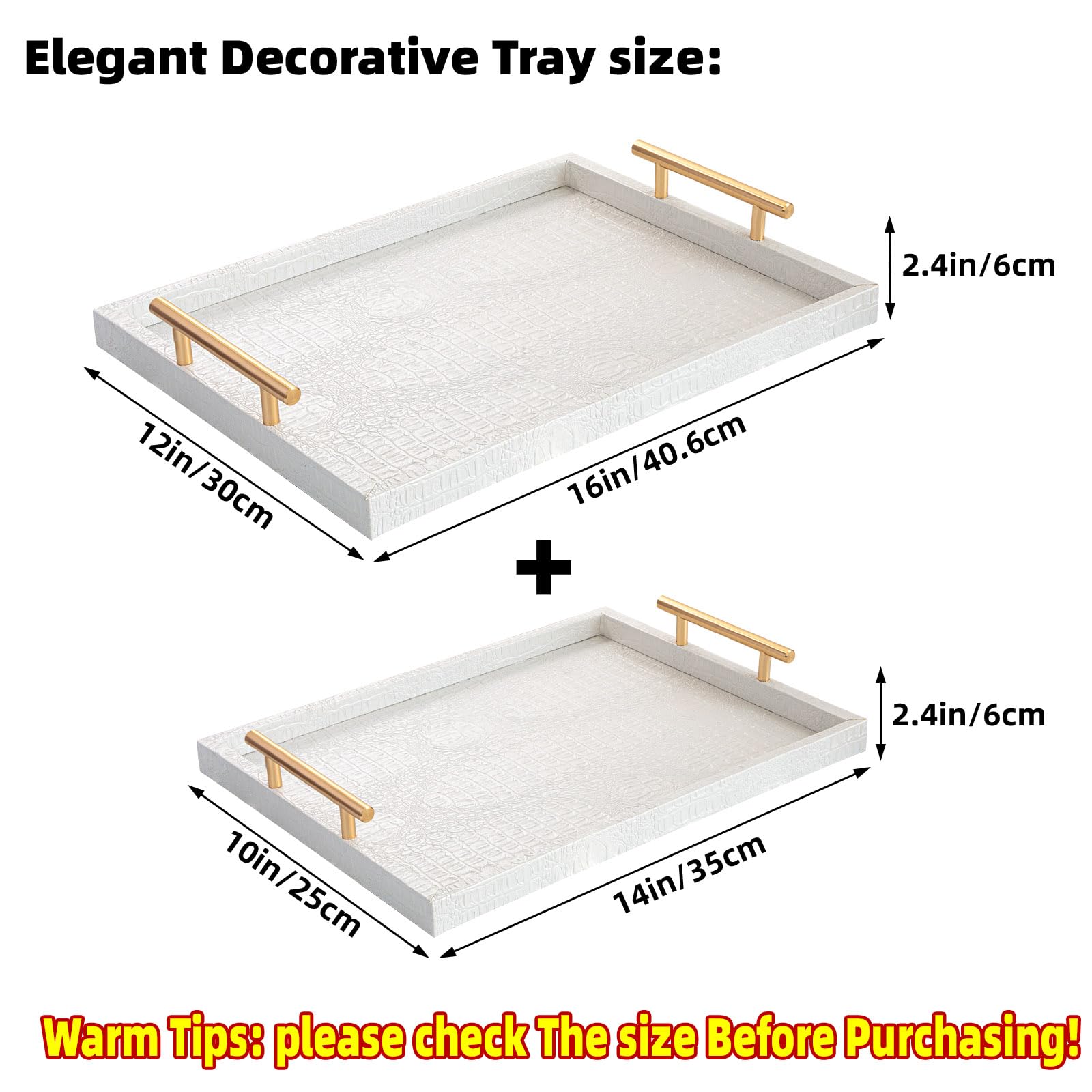 Modernes Elegantes Großes Holz-Serviertablett, 2er Set Weiß Krokodil Leder mit Gold Polierte Metallgriffe, Rechteckiges Dekotablett Ottomane Tablett Couchtisch Tablett für Wohnzimmer