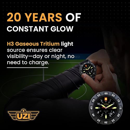 Miniatura 2 de Uzi Reloj suizo de tritio militar para hombre, esfera negra, correa de goma y nailon, resistente a los arañazos, resistente al agua 20ATM, cuarzo
