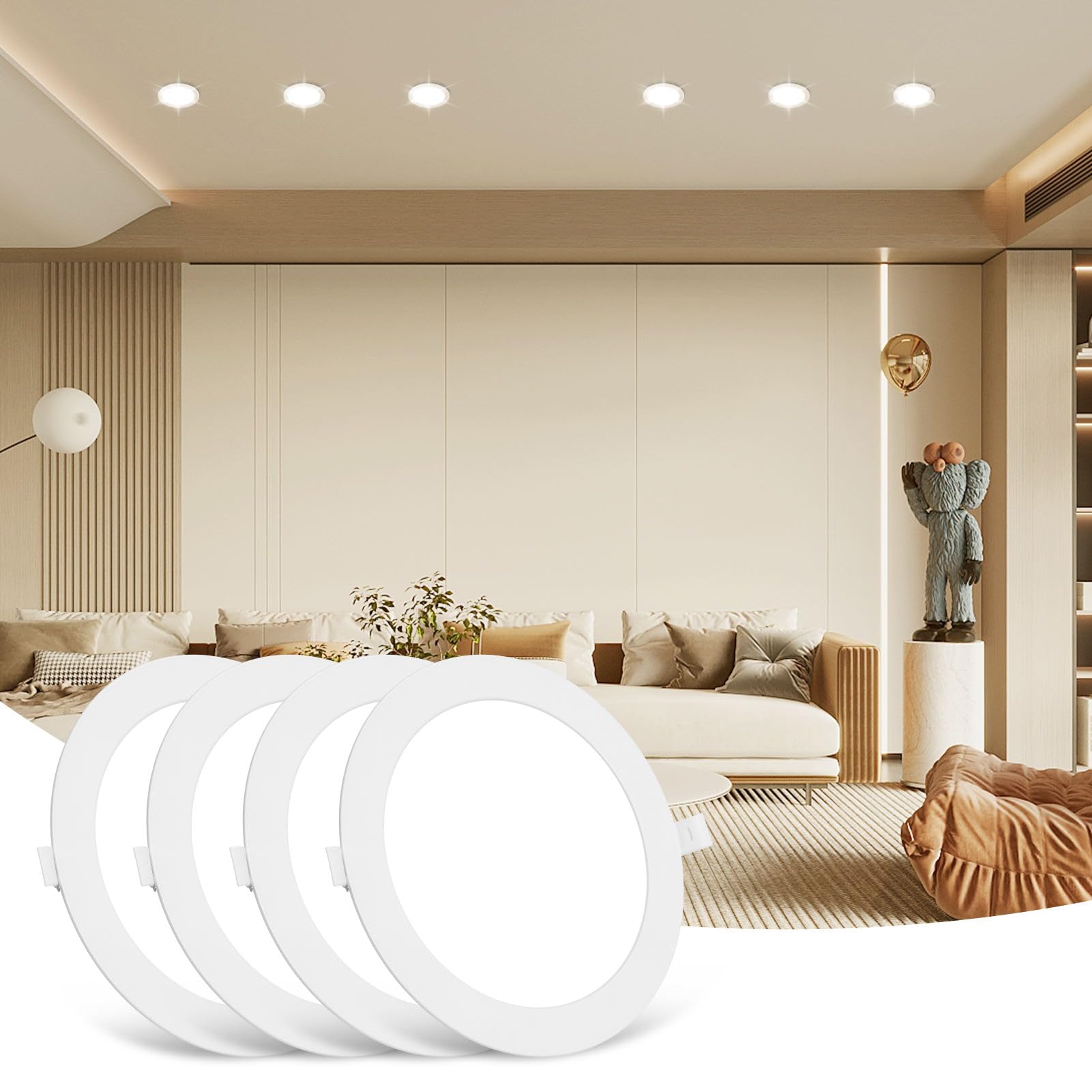 Bellanny LED Recessed Ceiling Lights, 9W 810LM 4500K Neutral White Spot Lights, 1.1cm Ultra Slim Downlights for Living Room Kitchen Bulkhead Porch Bedroom Office （ 4 Packs ）