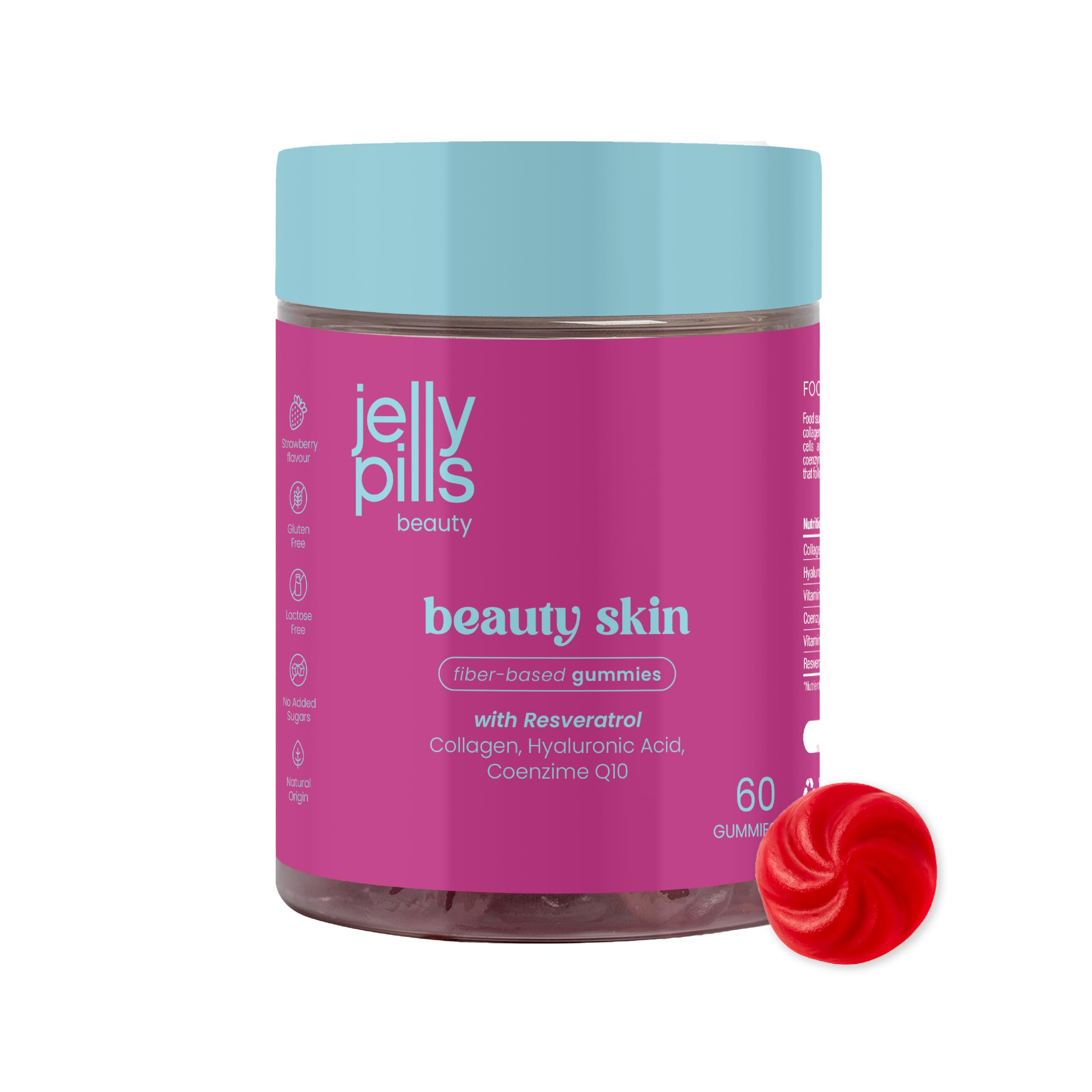 Jelly Pills Gummies beauté avec 500 mg de collagène, 50 mg de resvératrol, acide hyaluronique, coenzyme Q10, vitamines C & E - 60 gummies - sans sucres ajoutés - goût fraise