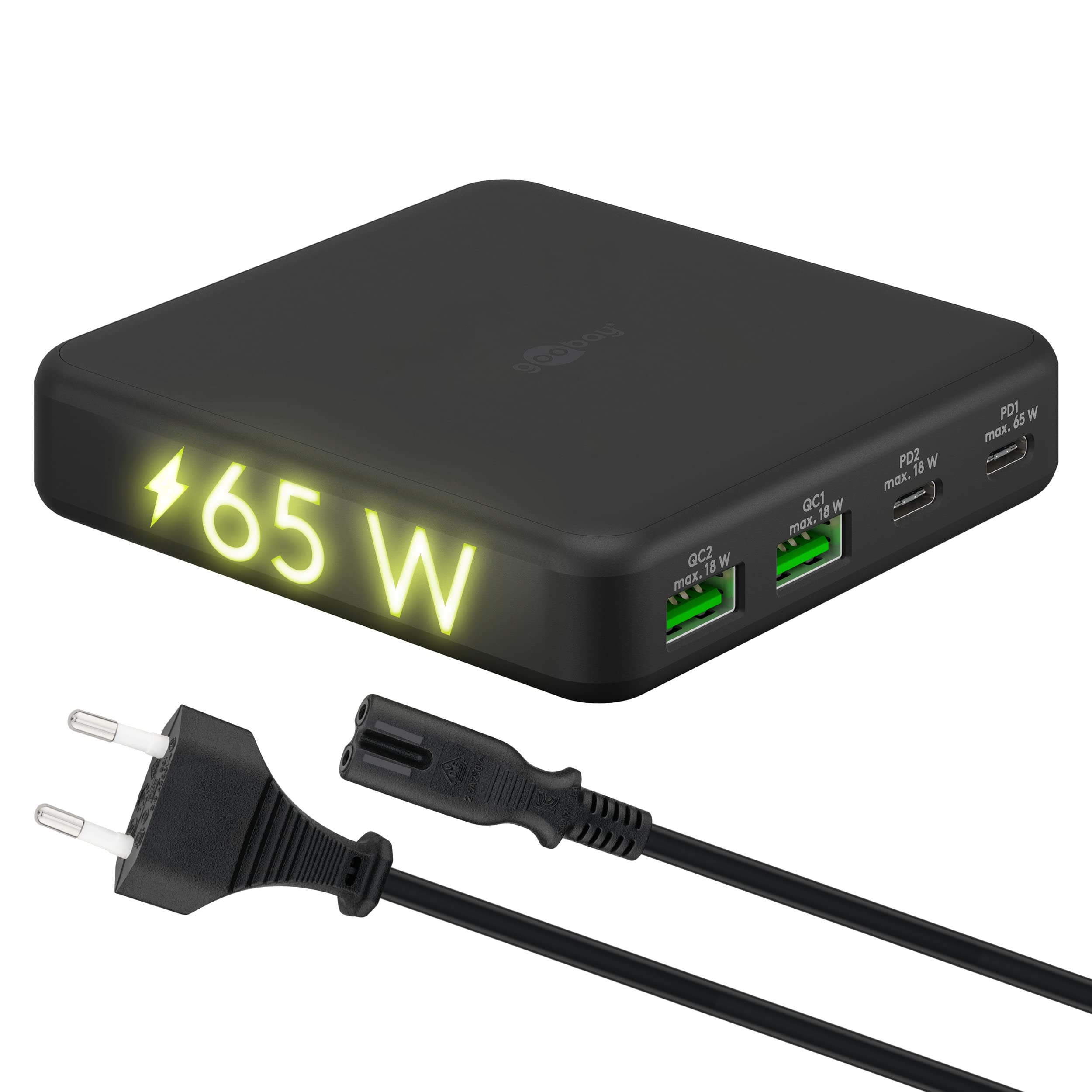 Goobay 61772 Cargador USB Multipuerto 65W Cargador Rápido PD 4 Puertos Universal Estación de Carga USB Adaptador Cargador Rápido Tipo C Samsung S22 iPhone 14 Negro