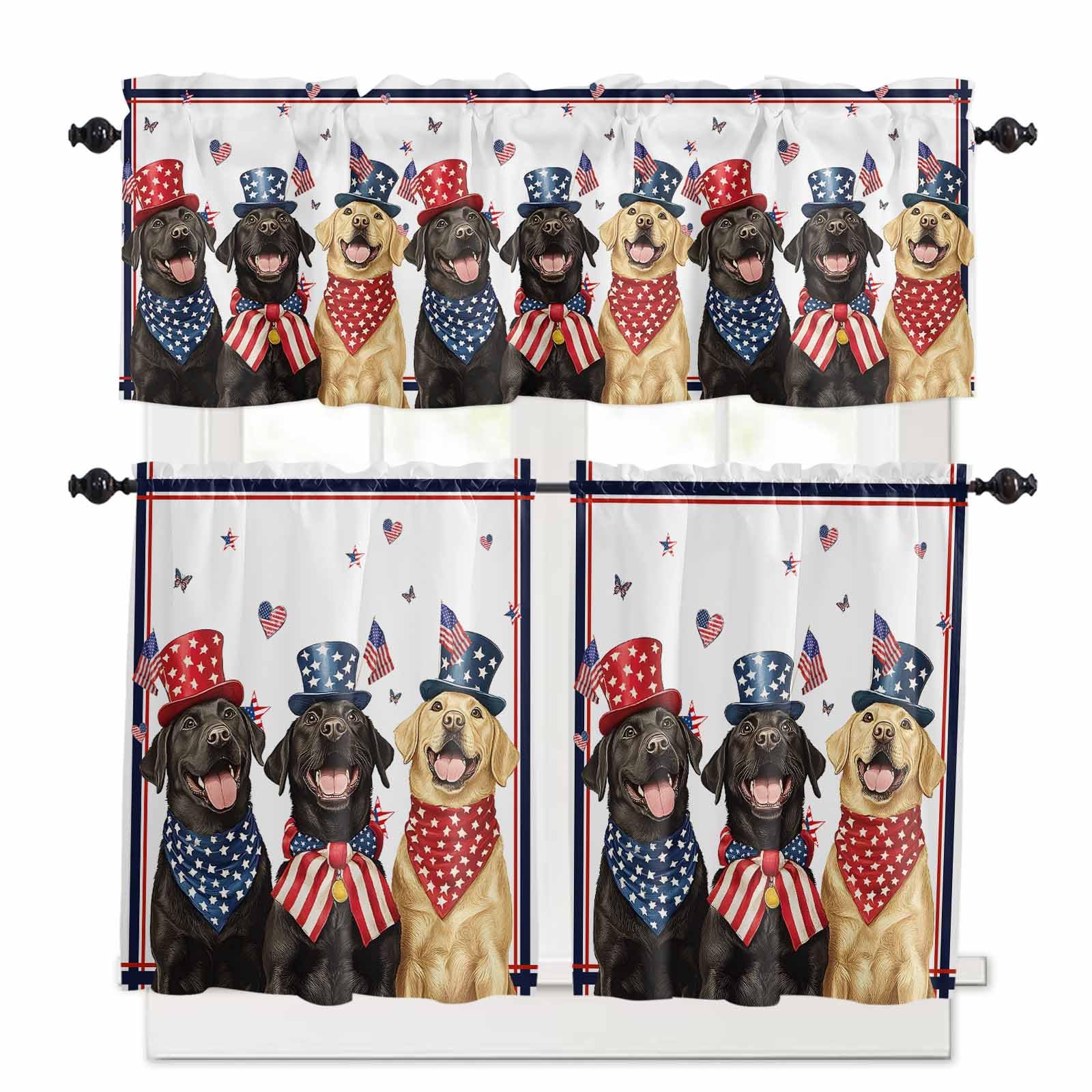 4th of July Kitchen Curtains 24 Inch Length,3 Piece Rod Pocket Small Half Tiers and Valance Set,Independence Day Black Yellow Dogs American Flag Small Large Window Treatment Decor for Bathroom