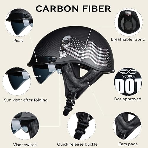 Miniatura 8 de VCOROS - Cascos de cara abierta de fibra de carbono estilo retro para motocicleta, cascos de media cara para hombres y mujeres, para moto, crucero,
