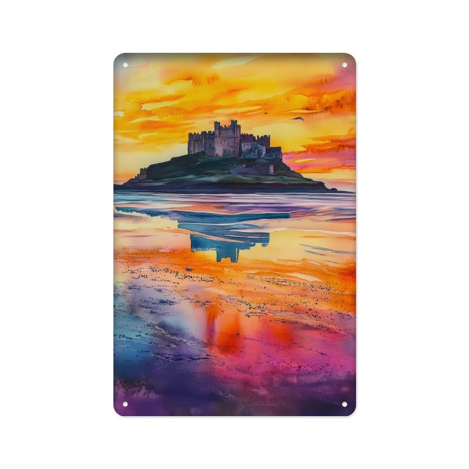 peiyeety Metal Tin Sign Bamberg Castle Travel Poster, Northumberland, England, Coastal Sign, Decor, Gift, Suitable for British History Enthusiasts And Scenery Lovers 8 X 12 Inch