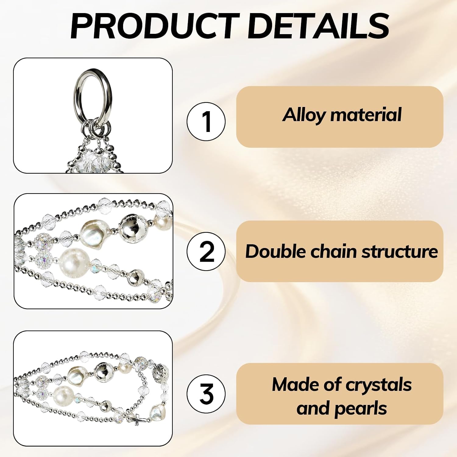 1 Piece Elegant Keychain White Pearl Crystal Glass Beaded Wrist Strap Phone Wristlet Phone Jewelry for Cellphone & Handbag Charms image 3