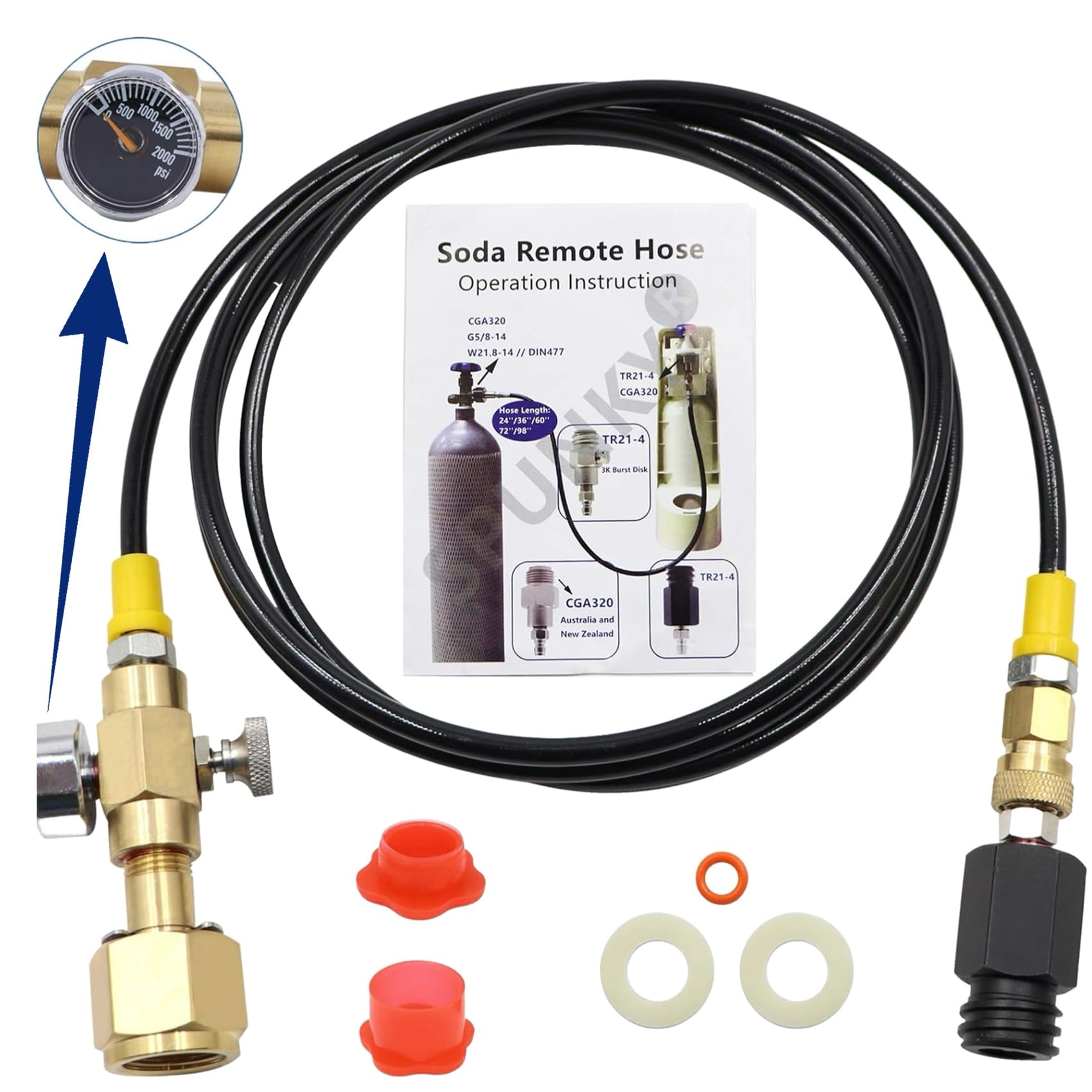 Co2 Tank Cylinder Direct Adapter (Gauge and Bleed Valve), CGA320 to TR21-4 Soda Machine Adapter with 60in High-Pressure Hose, Compatible for Soda Maker, Adapte to fizze/one touch/jet