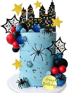 DRWATE Spider Cake Topper with Black Red and Blue Balls Spiders Webs Stars City for Boys Men Birthday Party Baby Shower Supplies (City)