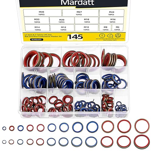 Mardatt Kit surtido de 145 arandelas de sello unido, arandelas de sellado métricas M6-M30 de 12 tamaños, junta de sello autocentrado, arandelas de