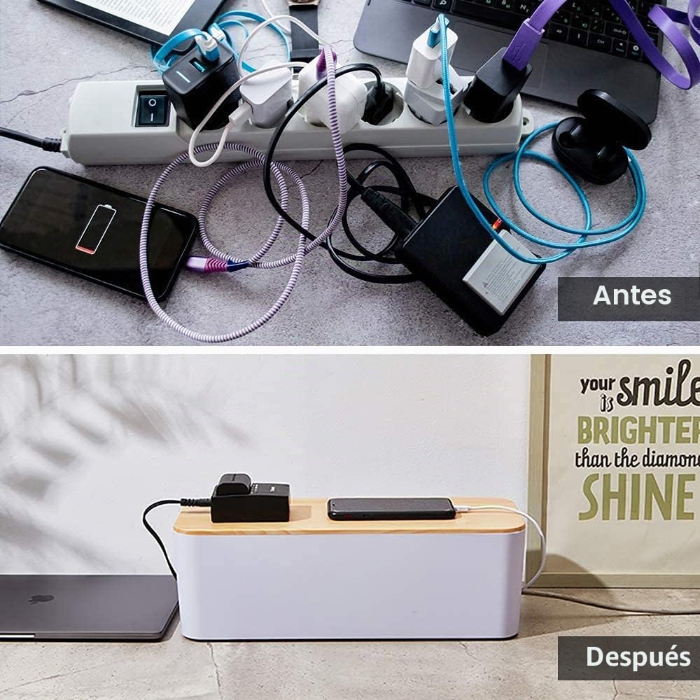 SENENQU 3 Piezas Caja Organizadora Cables con Tapa de Madera, Caja para Cables Blanca con Bridas Incluidas, Tres Tamaños para Regletas, Router, Escritorio, Salón y Oficina