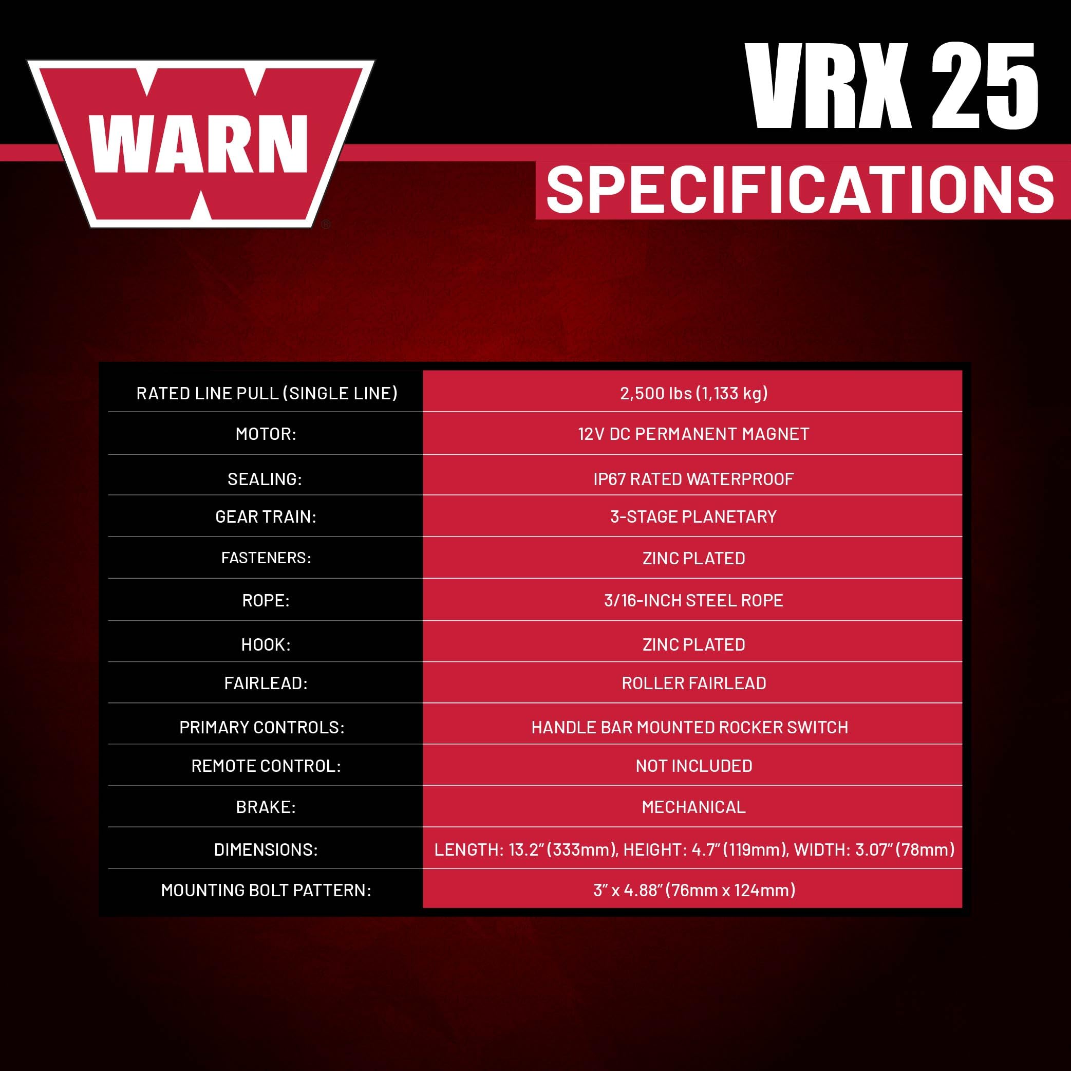 Warn Verricello VRX 25 Powersports 101025 1,25t 3/16" x 50' Cavo Acciaio