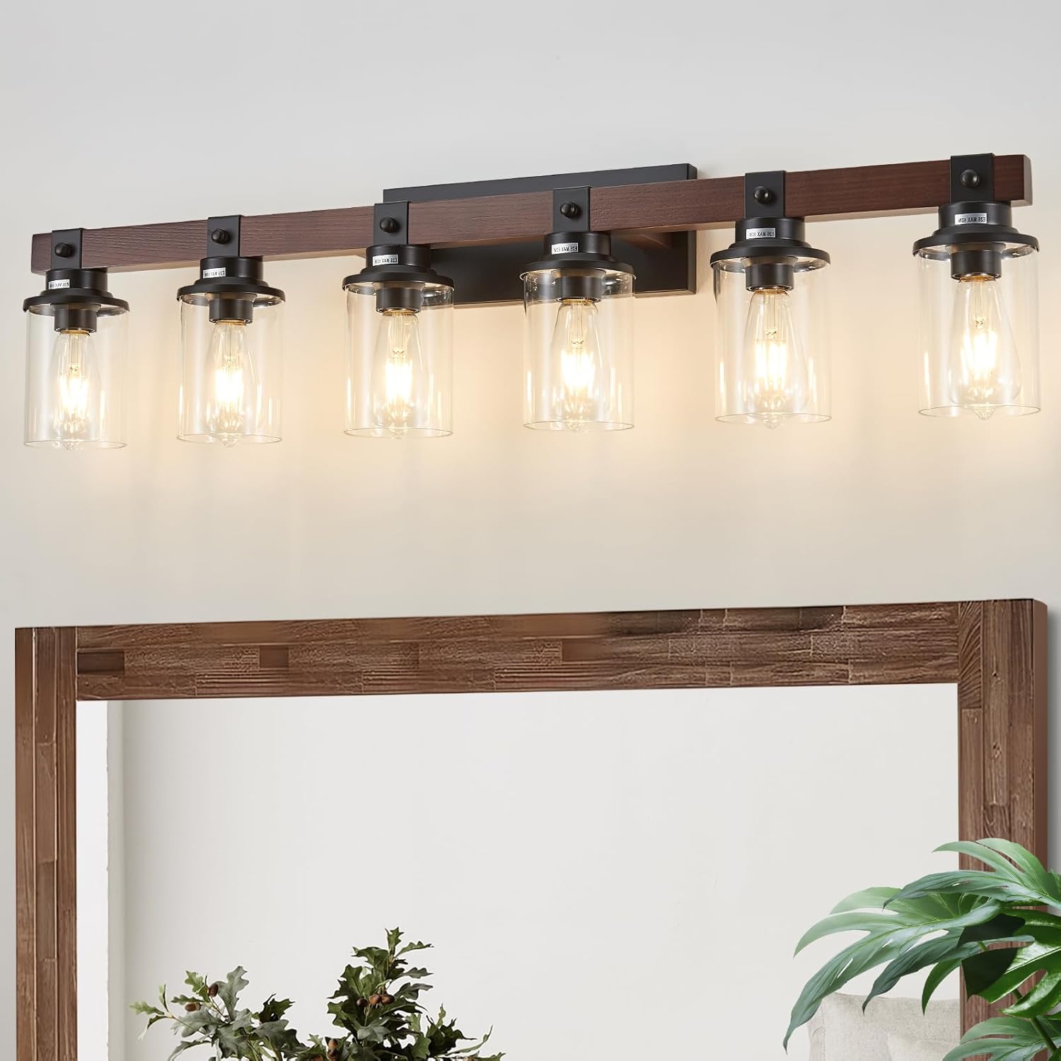 Farmhouse Vanity Light Fixture 6 Lights, Industrial Wood Wall Sconce Bathroom Vanity Lighting with Clear Glass Lights Shade,for Hallway,Kitchen,Bedroom Black & Wooden 6-Light