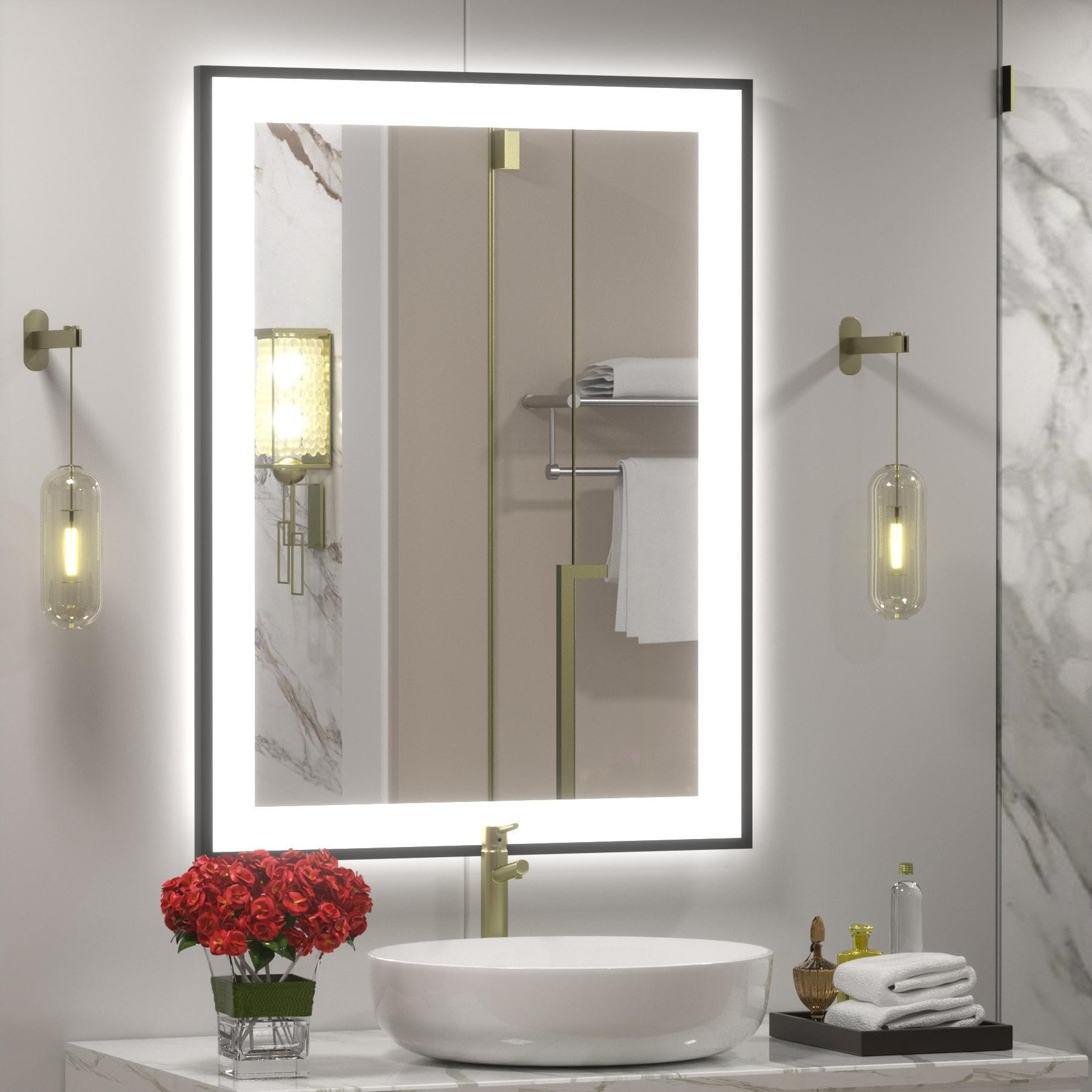 Framed LED Lighted Bathroom Mirror 24x32, Dimmable Vanity Mirror for Wall, Backlit and Front Lighted, Anti-Fog (Horizontal/Vertical)