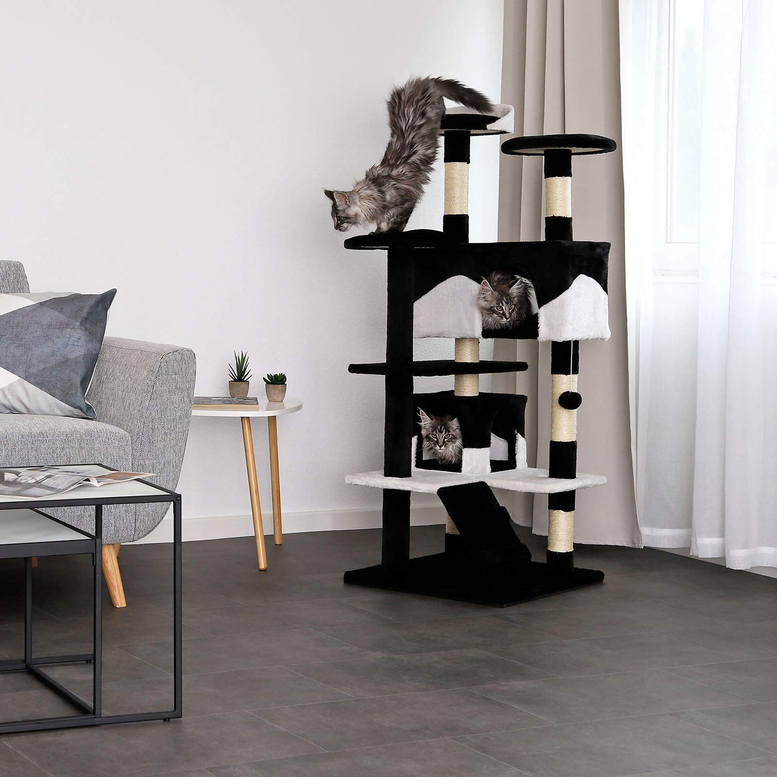 lionto krabpaal voor katten met pluche bal & wandbevestiging, hoogte 93 cm, kattenboom met sisal & pluche, comfortabele ligplek & grotten, geschikt voor kleine & grote katten, beige