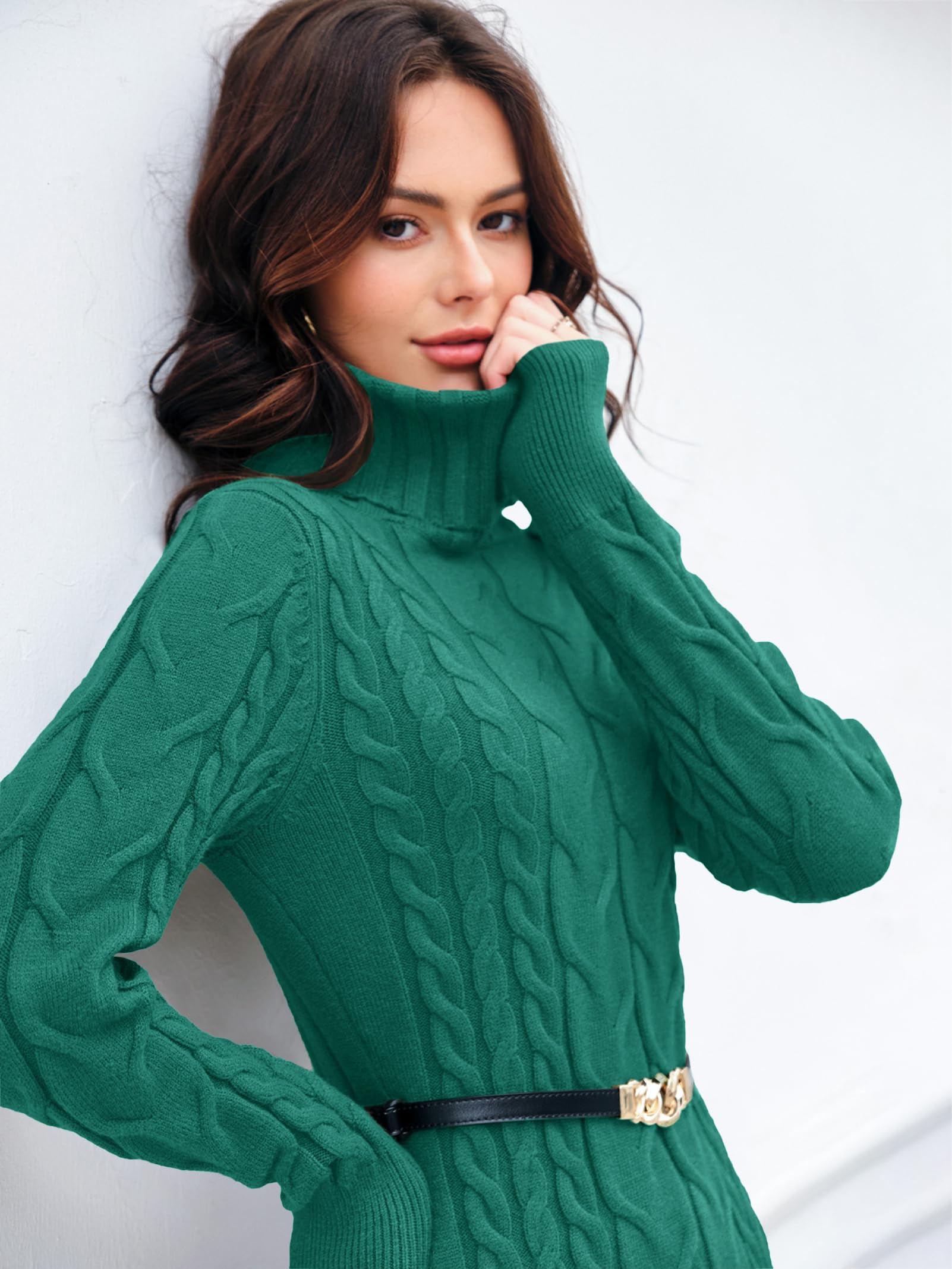 Langwyqu Womens Cable Knit Sweater Dress Sexy Long Sleeve Bodycon Turtleneck Mini Fall Sweaters Dresses: Small Green