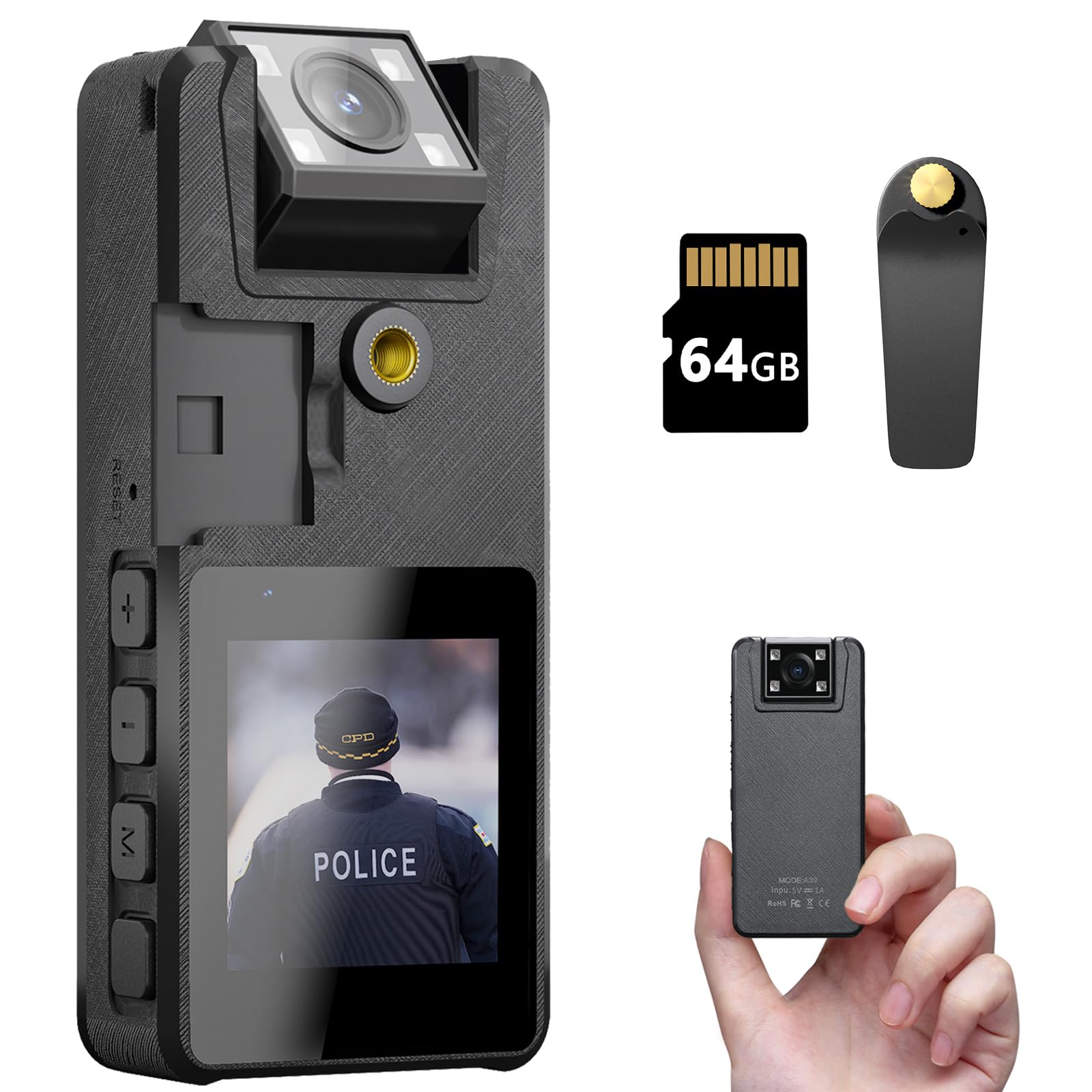 64GB Caméra de Corps, 1296P HD Caméra Corporelle (3000mAh) avec Vision Nocturne IR et Objectif Pivotant à 180°, Caméscope avec Audio et Vidéo Idéales pour Civils, Police Forces de L'ordre