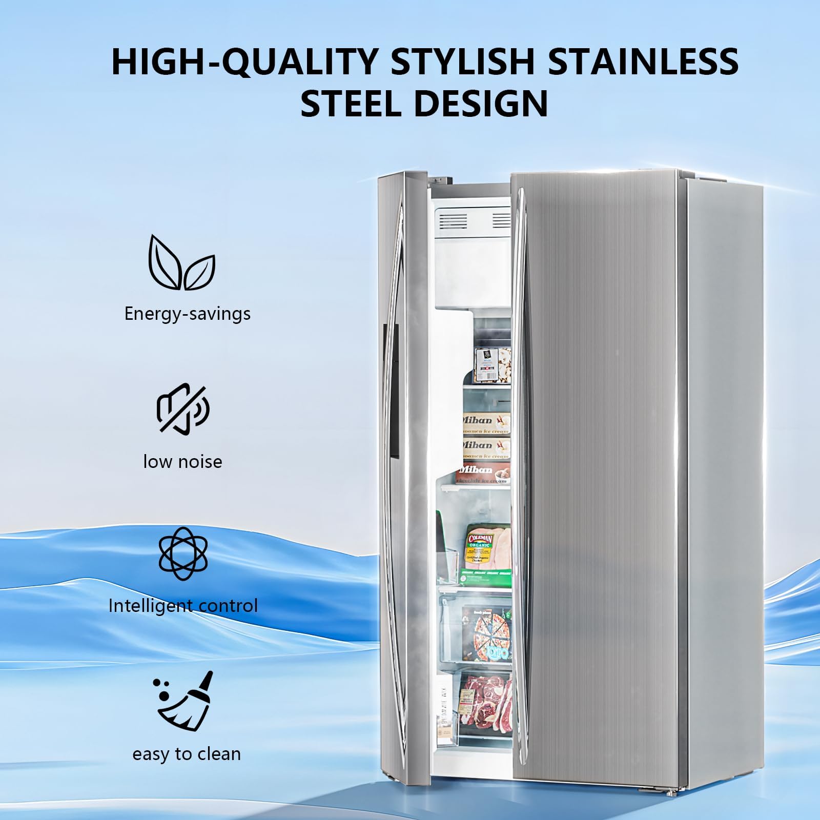 Antarctic Star 20 Cu.Ft French Door Refrigerator, Stainless Steel Fridge With Side Freezer & Water Dispenser, Nugget And Cube Ice Maker, Adjustable Thermostat on Fridge.com - View 5