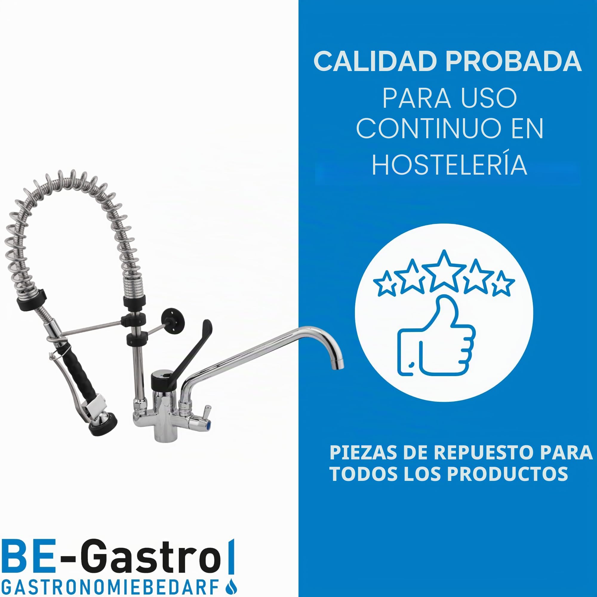 BE-GASTRO I Grifo Industrial Hostelería - Alcachofa de ducha (incluye grifo, grifo mezclador y mango ergonómico de palanca larga, alcachofa gastronómica con accesorios (60 cm)