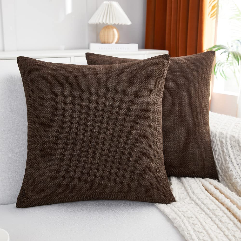 MERNETTE Pack of 2, Linen Decorative Square Throw Pillow Cover Cushion Covers Pillowcase, Home Decor Decorations for Sofa Couch Bed Chair 18x18 Inch/45x45 cm (Dark Brown)
