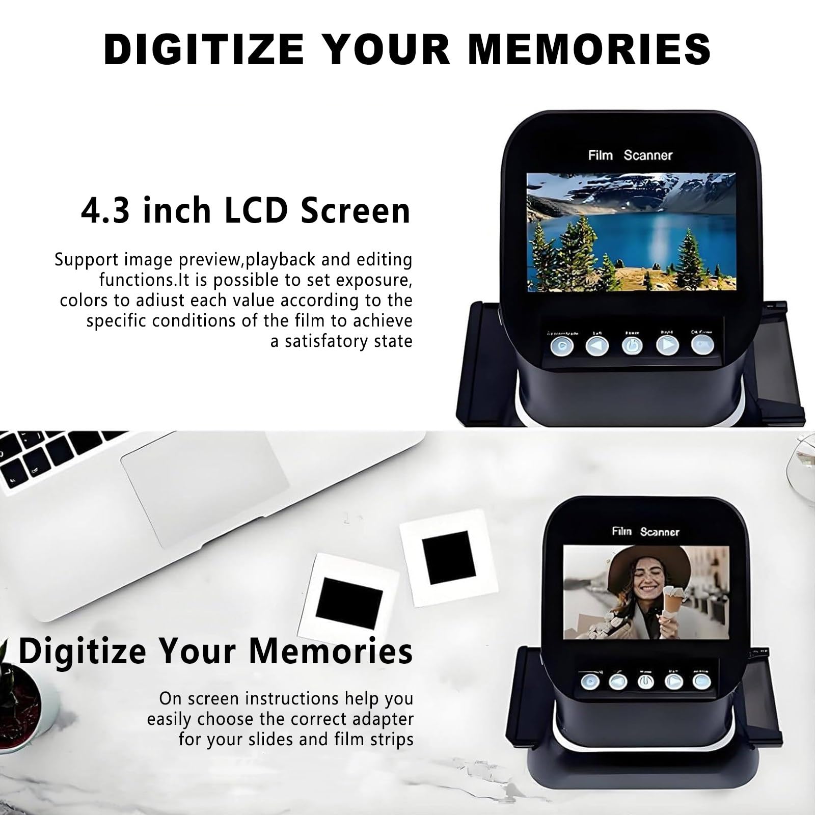 Scanner per Diapositive e Negativi, Scanner per Film Professionale 22MP 35mm e 120 Formato Medio con Schermo LCD 4,3" Digitalizzatore di Immagini