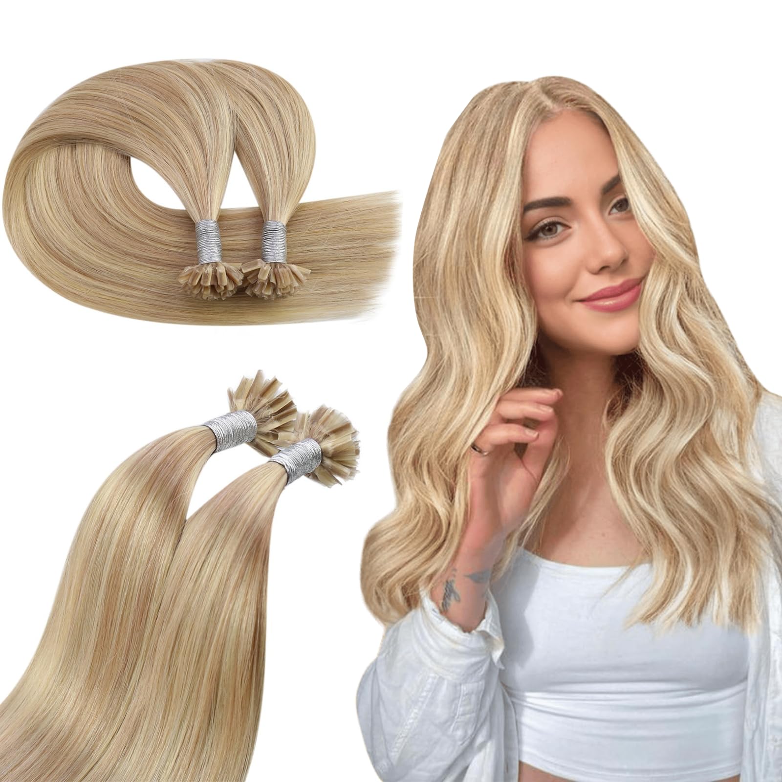 Ugeat Highlight Keratin Hair Extensions Human Hair Golden Blonde Mix Ash Blonde U Tip Extensions Highlight Invisible U Tip Medium Length 18 Inch to Add Volume for Thicker 50G 50S