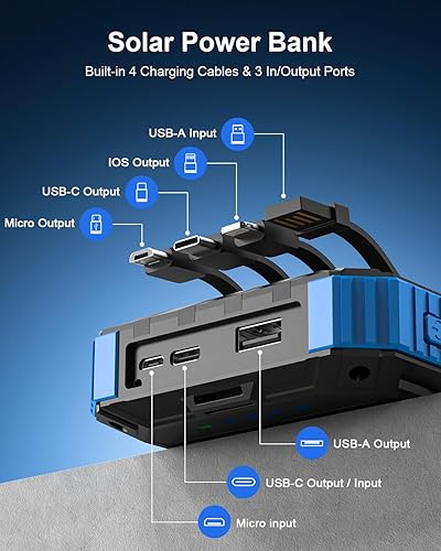 Miniatura 3 de Cargador solar, cargador de batería portátil inalámbrico de 49800 mAh, batería externa de carga rápida QC3.0 de 15 W con 4 cables integrados,
