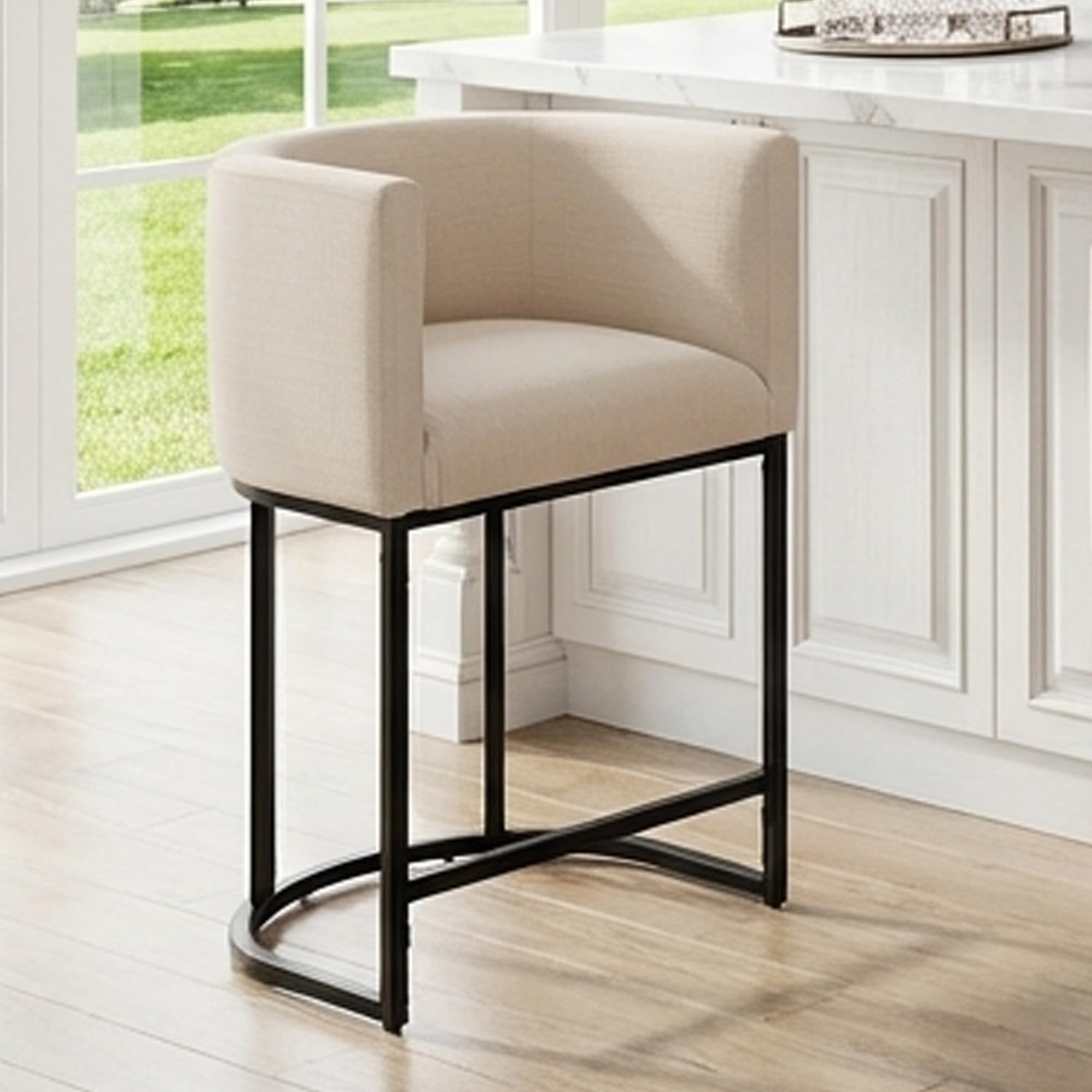 HNY Modern Counter Height Linen Fabric Upholstered Counter Stool, 24 Inch Kitchen Island Stool with Black Tubular Frame, Cream