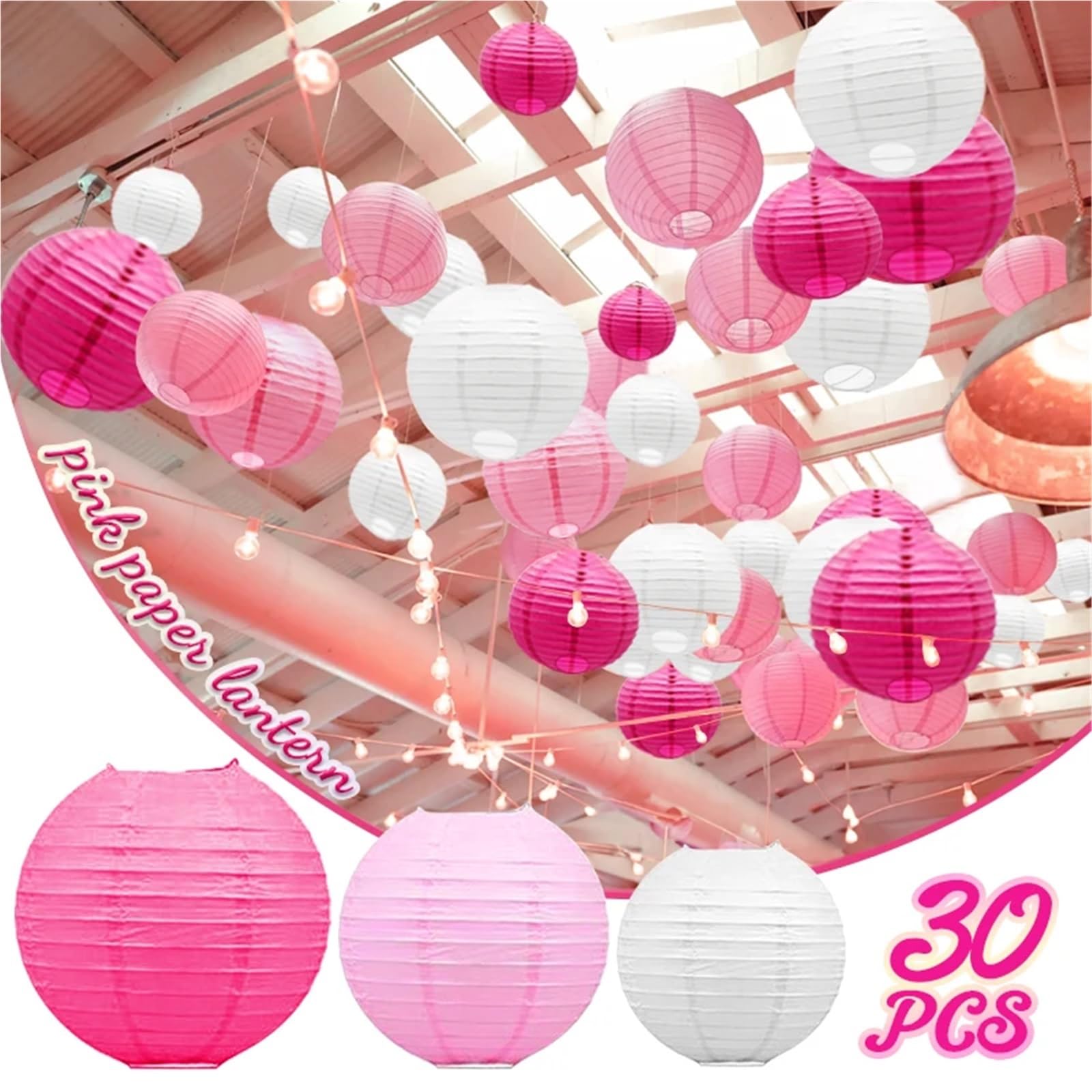 Rosa Chinesische Papierlaternen in gemischter Größe, Weihnachts-Hängelaterne, DIY-Ball, Lampion, Hochzeit, Geburtstagsparty Papierlaternen(Red set)